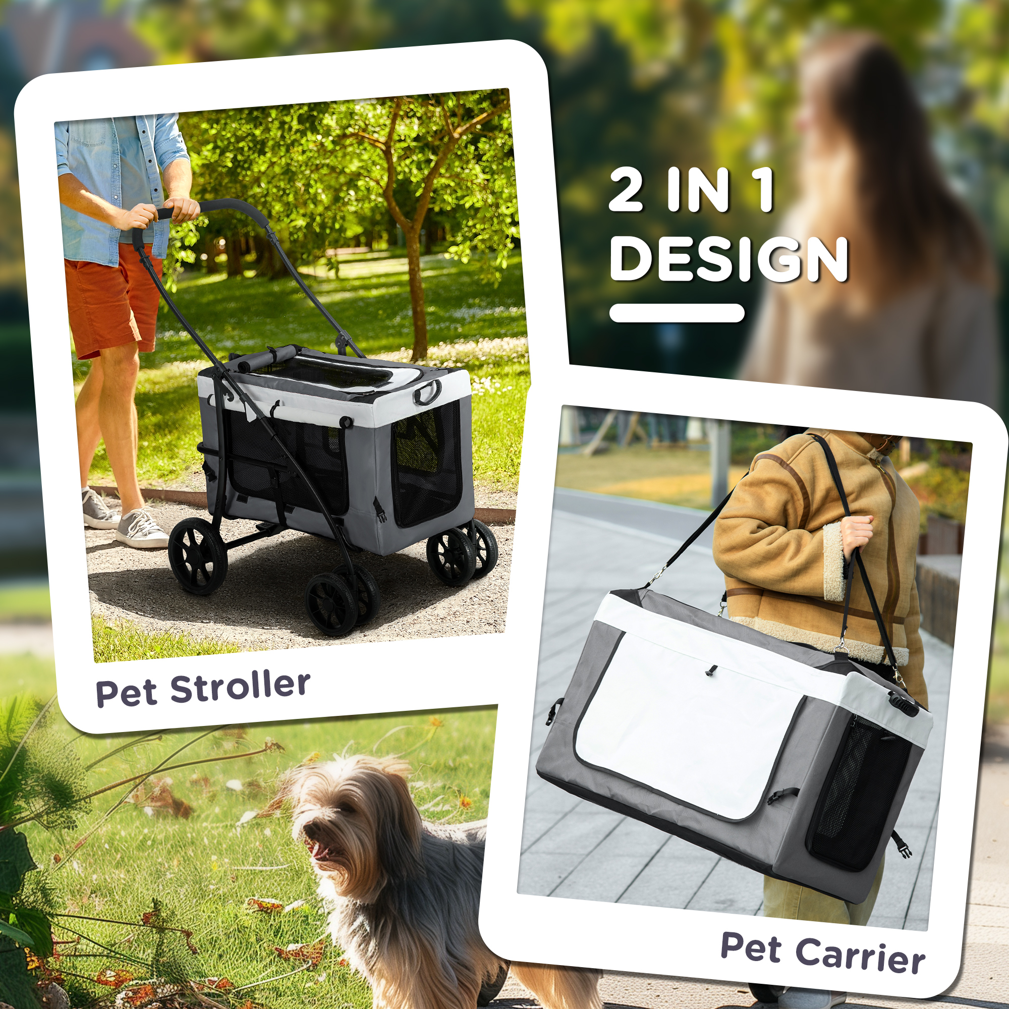 PawHut Foldable Dog Stroller, Pet Travel Crate, with Detachable Carrier, Soft Padding, for Mini, Small Dogs Grey 5