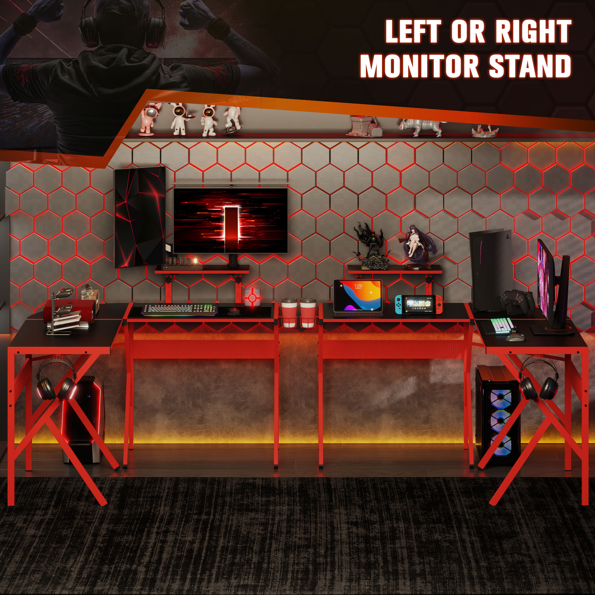 HOMCOM Gaming Desk L-Shaped Corner Computer Table for Home Office PC Workstations with Adjustable Monitor Stand Cup Holder Headphone Hook 125x125x75cm, Red 8