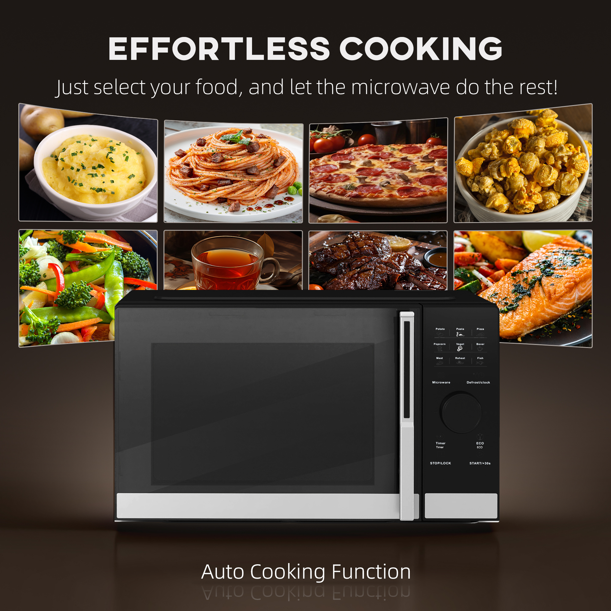 HOMCOM 23L 800W Microwave Oven, Digital Solo Microwave with 10 Power Levels, Automatic Defrost, 8 Auto Cook Menus, 60 Minutes Timer, Clock, Easy Clean, Small Black Microwave 4