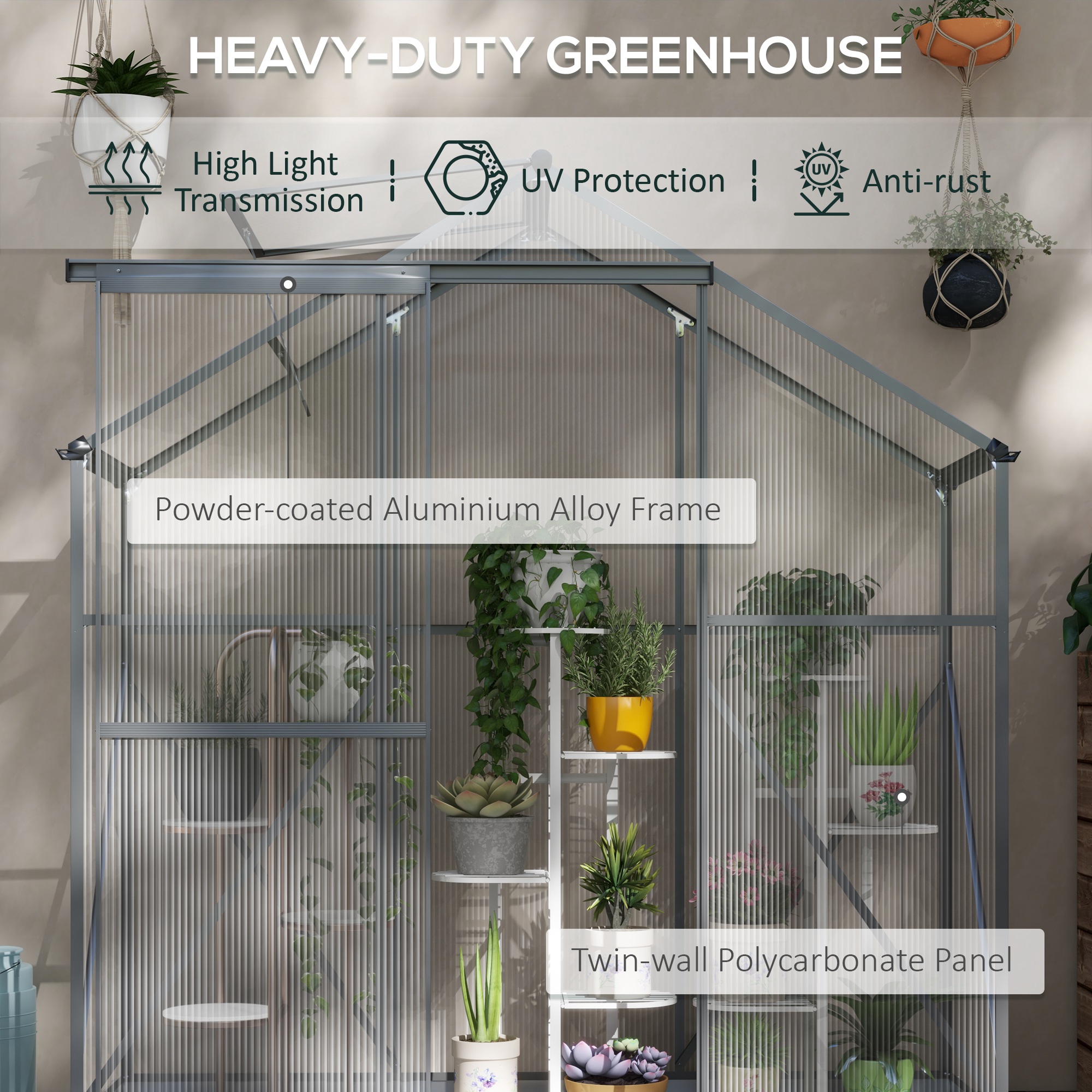 Outsunny 6 x 2.5ft Polycarbonate Greenhouse Walk-In Green House with Rain Gutter, Sliding Door, Window, Foundation, Dark Grey 4