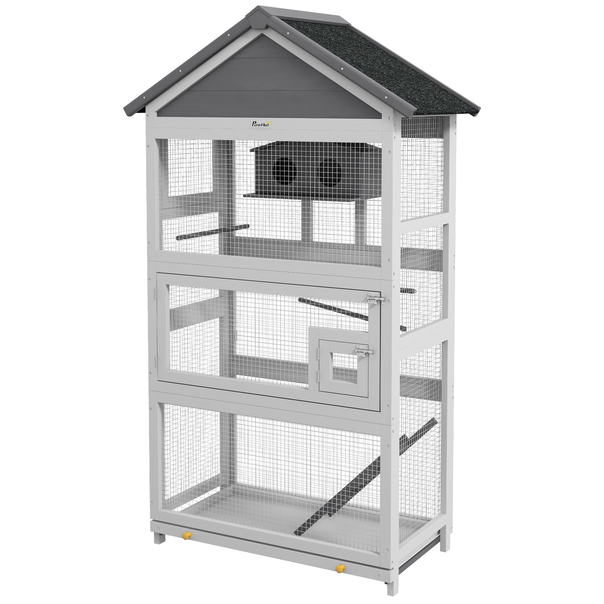 PawHut Cage à oiseaux en bois cage perroquet aire de jeux toit asphalte imperméable 92 x 52 x 171 cm gris