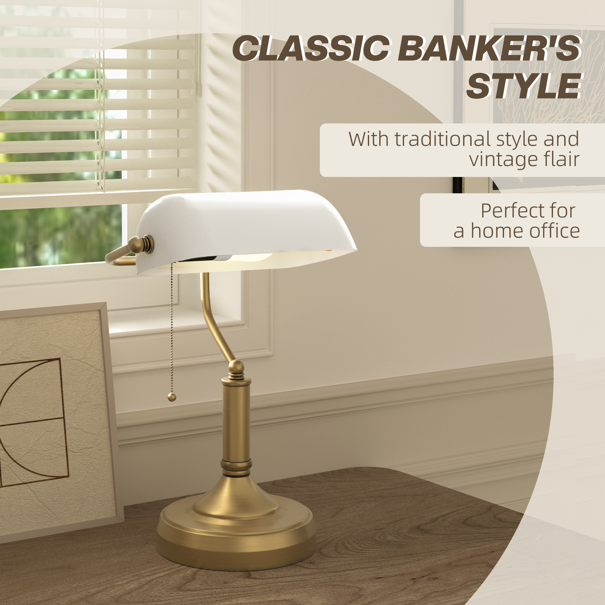 HOMCOM Banker's Desk Lamp with Antique Bronze Tone Base, Table Lamp with White Glass Shade for Home Office, White 4