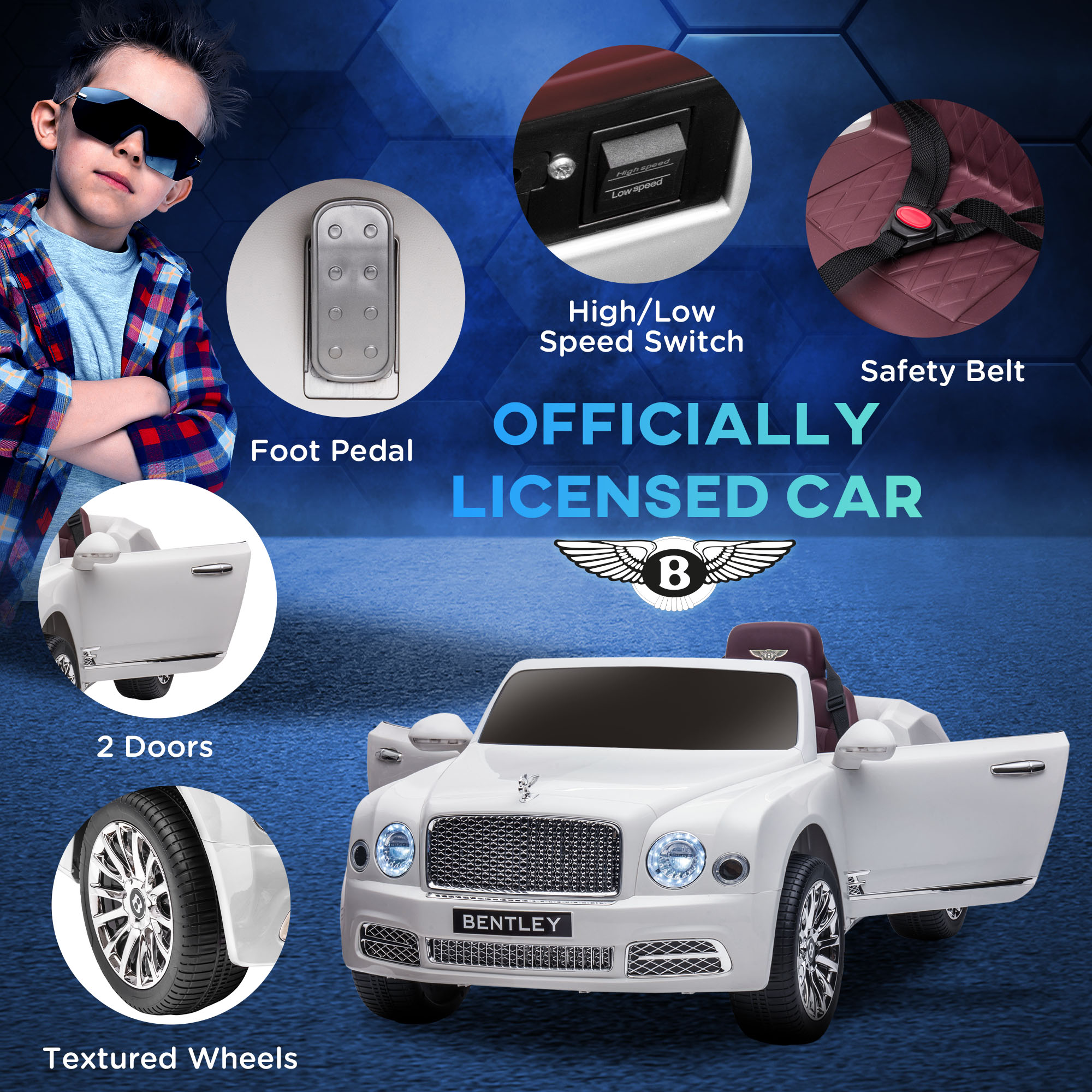 HOMCOM Bentley Mulsanne Licensed Kids Electric Ride-On Car, with Remote Control. LED lights, Music White 7
