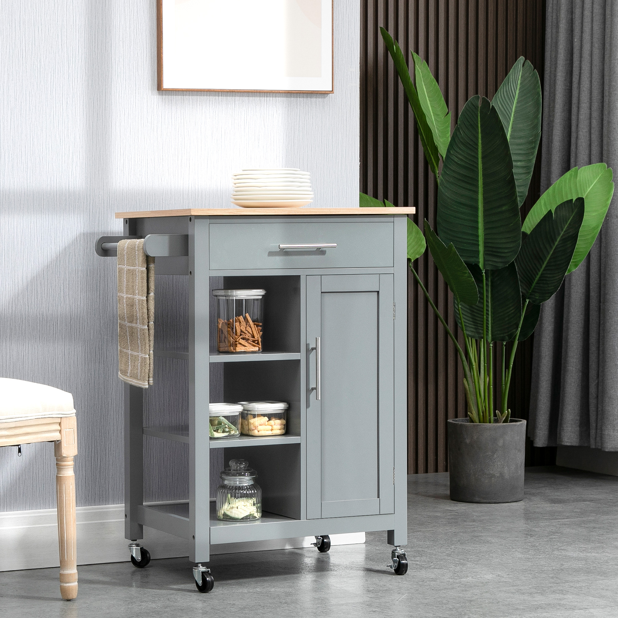 HOMCOM Compact Kitchen Trolley Utility Cart on Wheels with Open Shelf & Storage Drawer for Dining Room, Kitchen, Grey 2