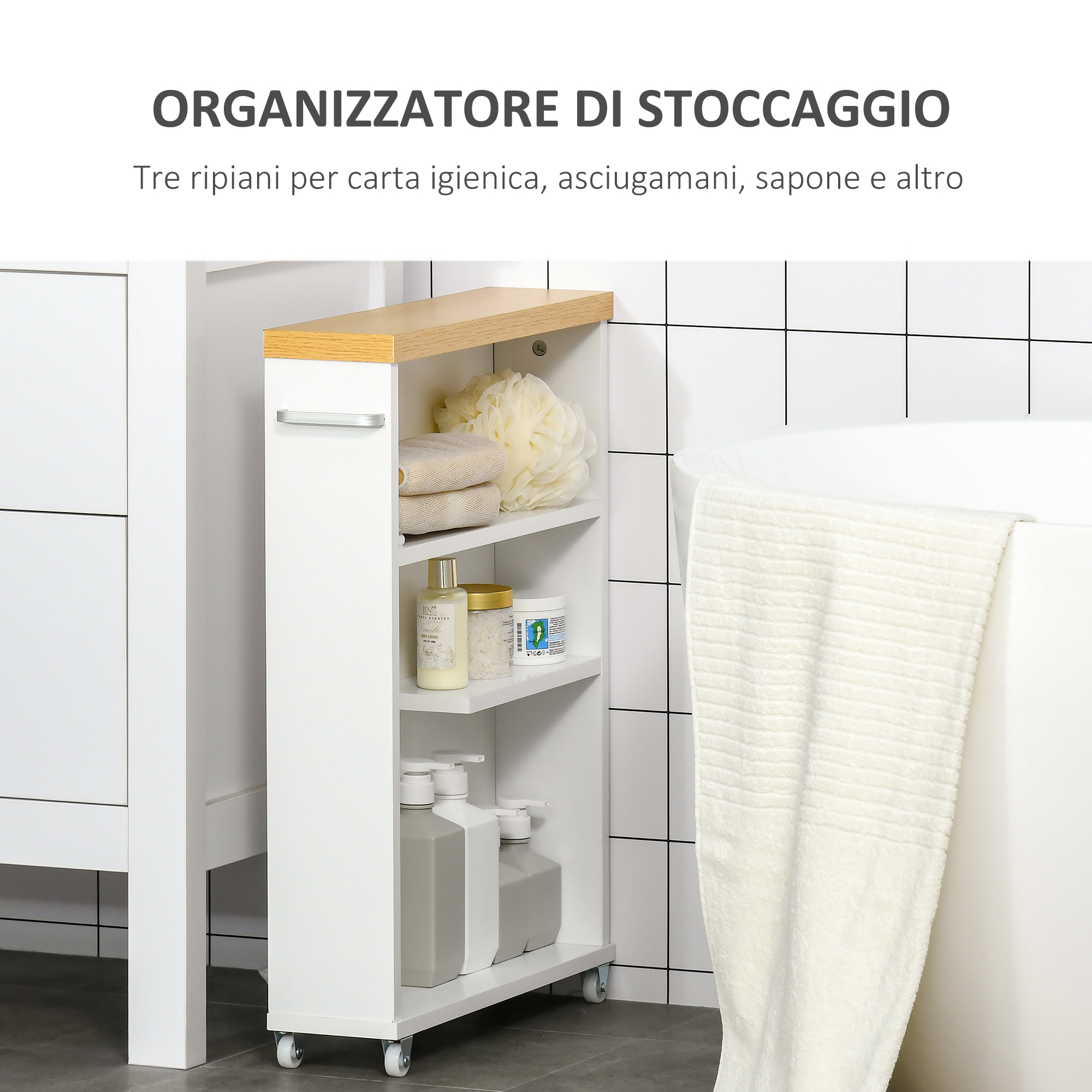 Carrello portaoggetti sottile a 4 ripiani con ruote, salvaspazio