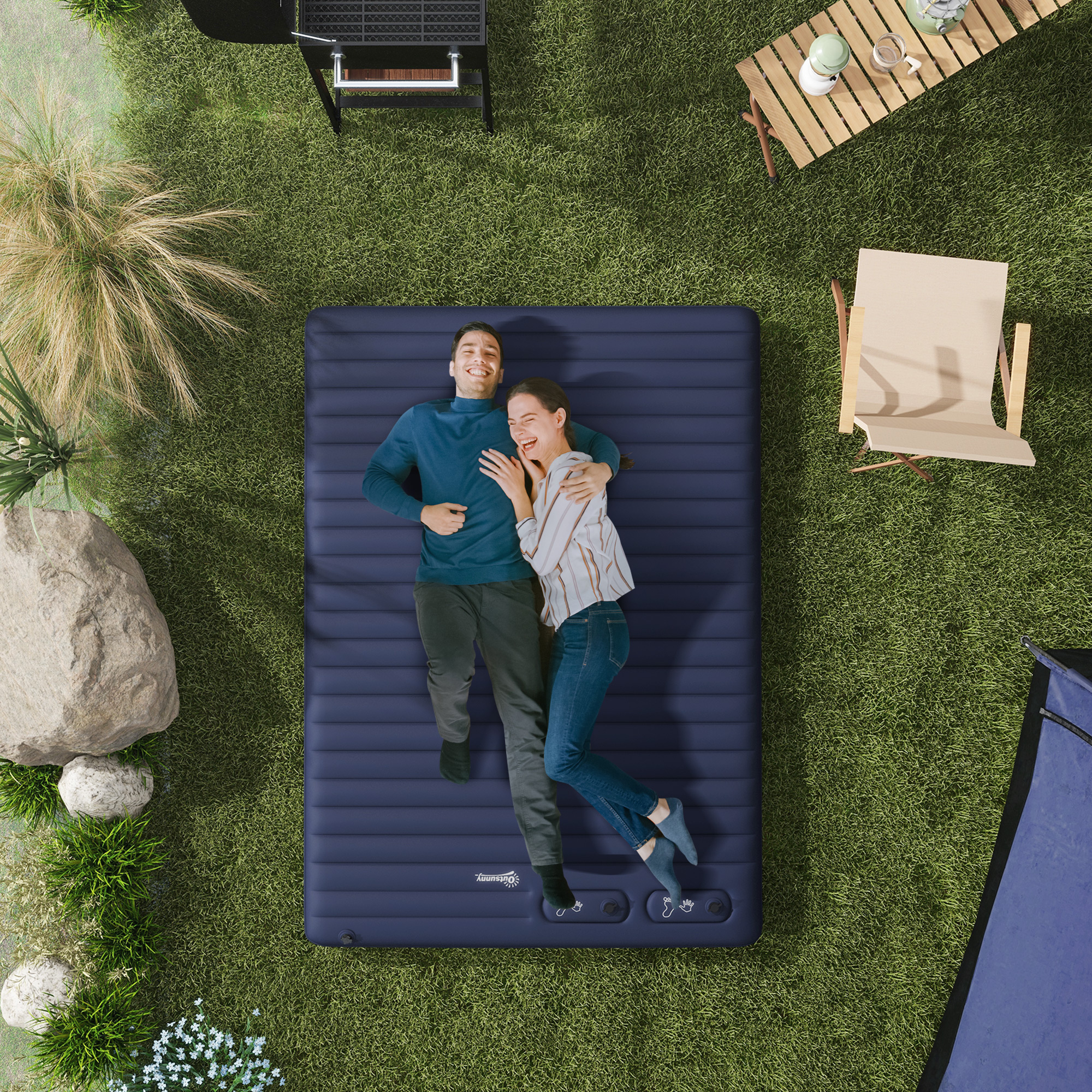 Outsunny Double Inflatable Mattress, with Built-In Pump Blue 2