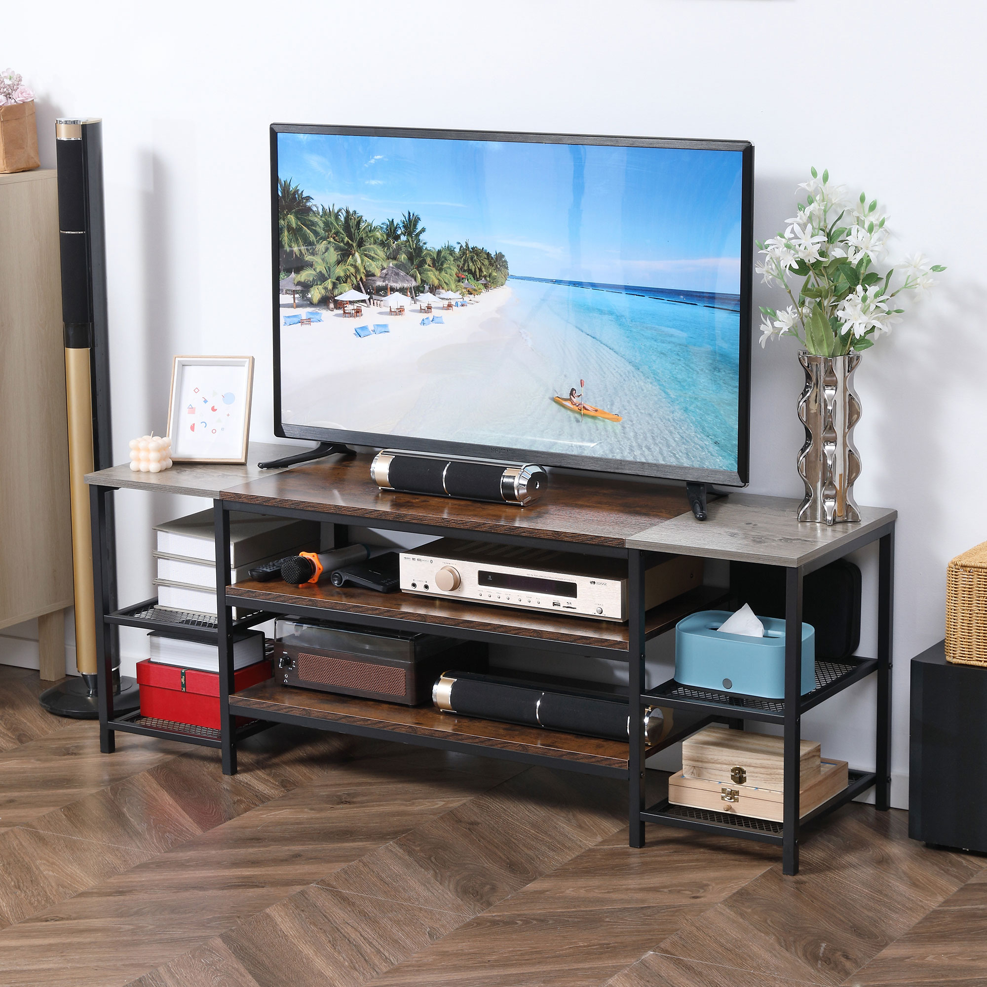 HOMCOM TV Unit Cabinet for TVs up to 60 Inches, Industrial TV Stand with Storage Shelves for Living Room, Brown and Grey 2