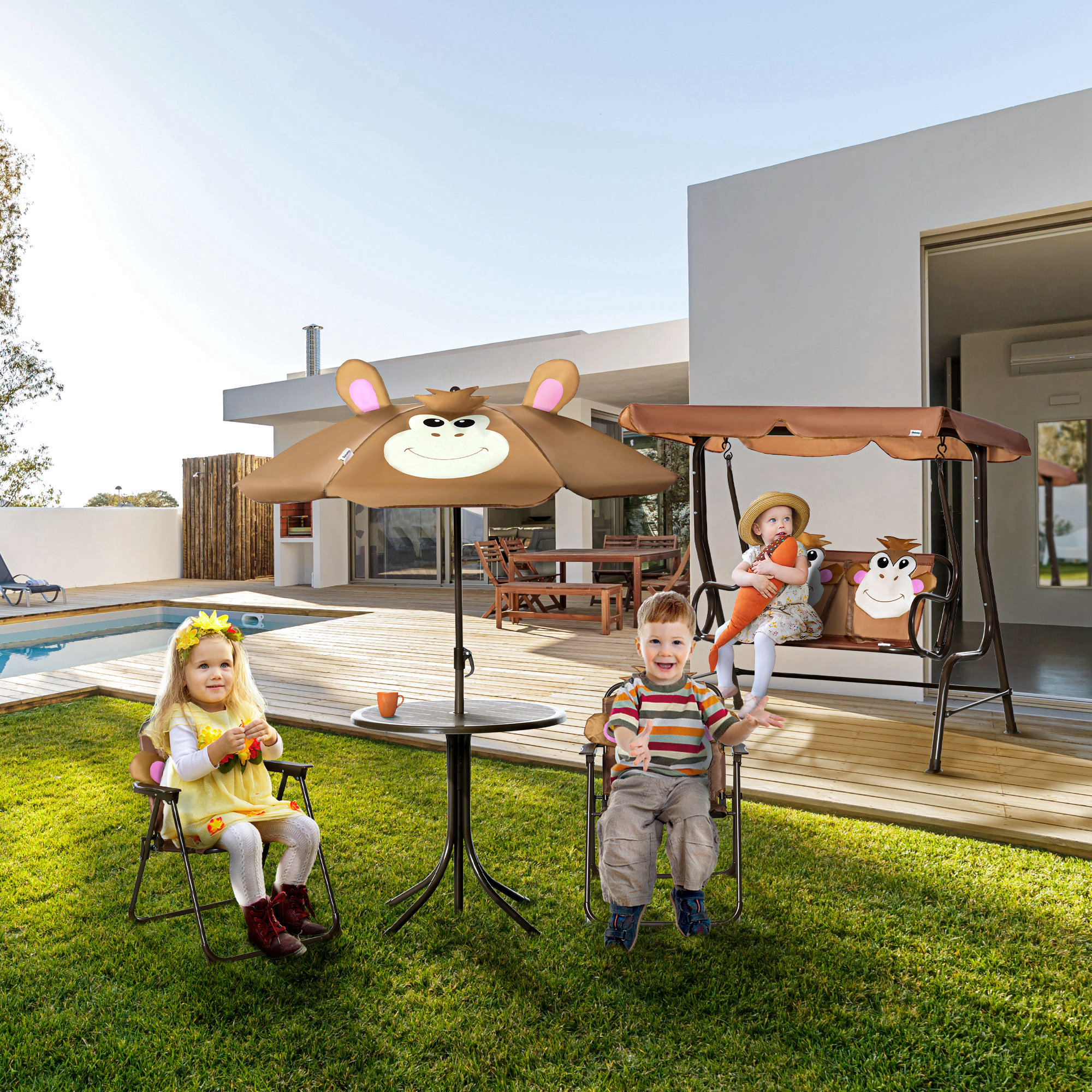 Outsunny Kids Bistro Table and Chair Set, Outdoor Folding Garden Furniture w/Monkey Design, Removable, Adjustable Sun Umbrella, Ages 3-6 Years Brown 7