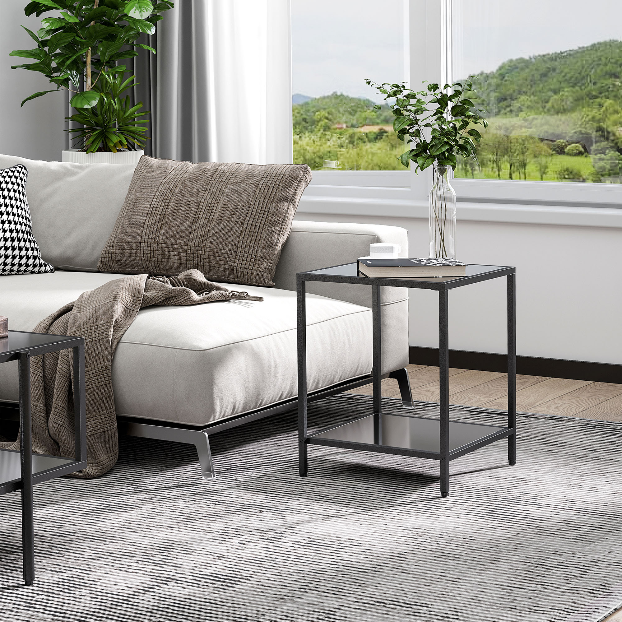HOMCOM Tempered Glass Side Table with Storage, Modern 2-Tier Bedside Table with Steel Frame, Black 2