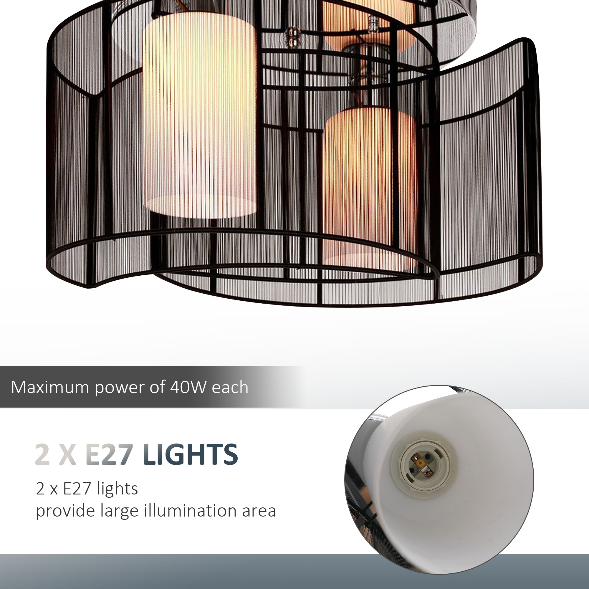 HOMCOM Modern Chandelier, Semi-Flush Mount Ceiling Light with 2 Light, E27 Bulb Base for Hallway, Dining Room, Living Room, White and Black 6
