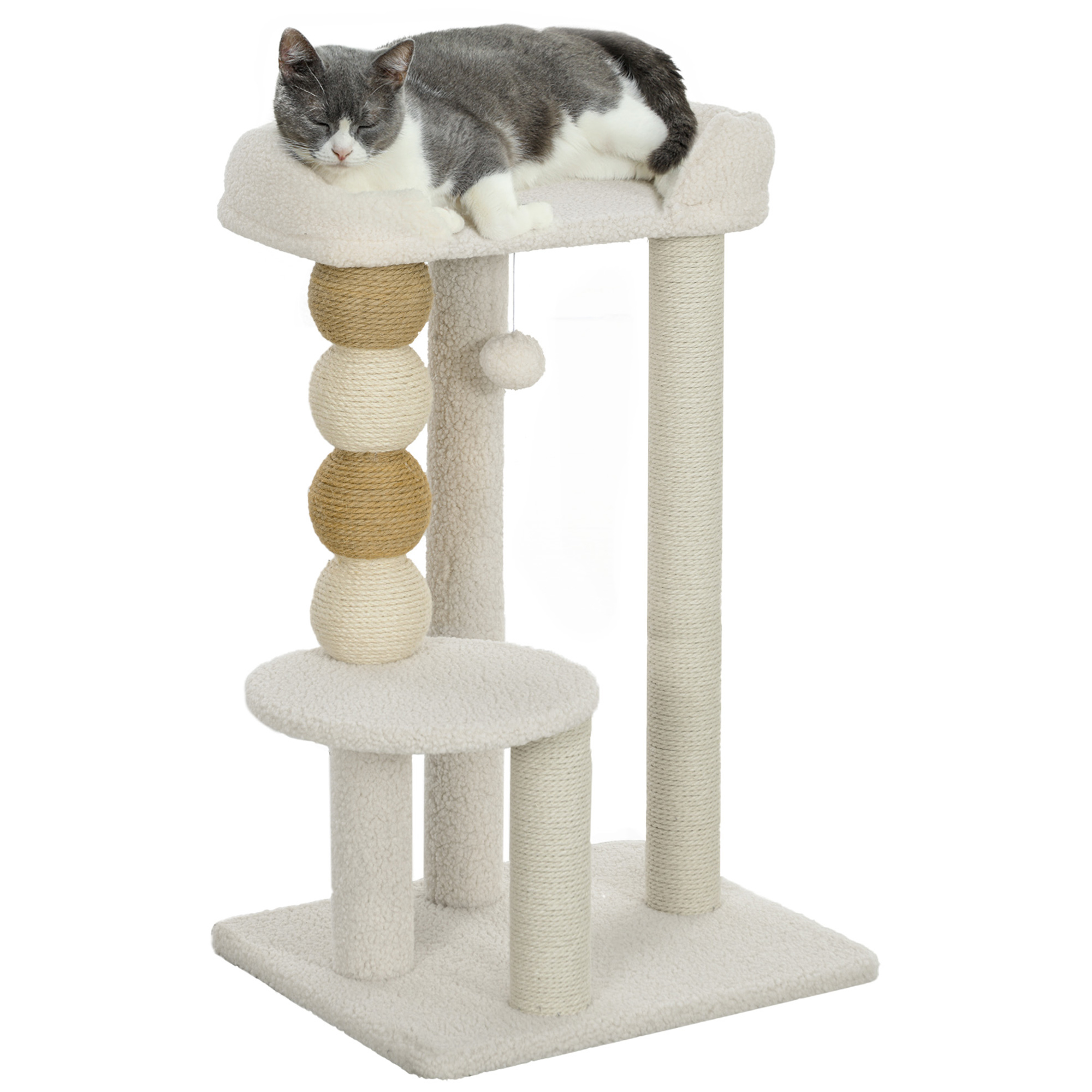 PawHut Árbol para Gatos Altura 76 cm con Revestimiento de Borreguillo Plataformas Bola Colgante y Poste de Yute Beige