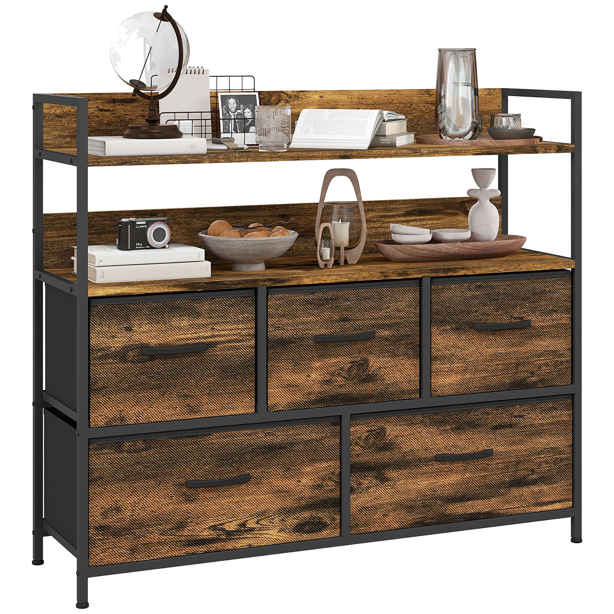 Product photograph of Homcom Rustic Chest Of Five Fabric Drawers - Brown Wood Effect Aosom Uk from Aosom UK