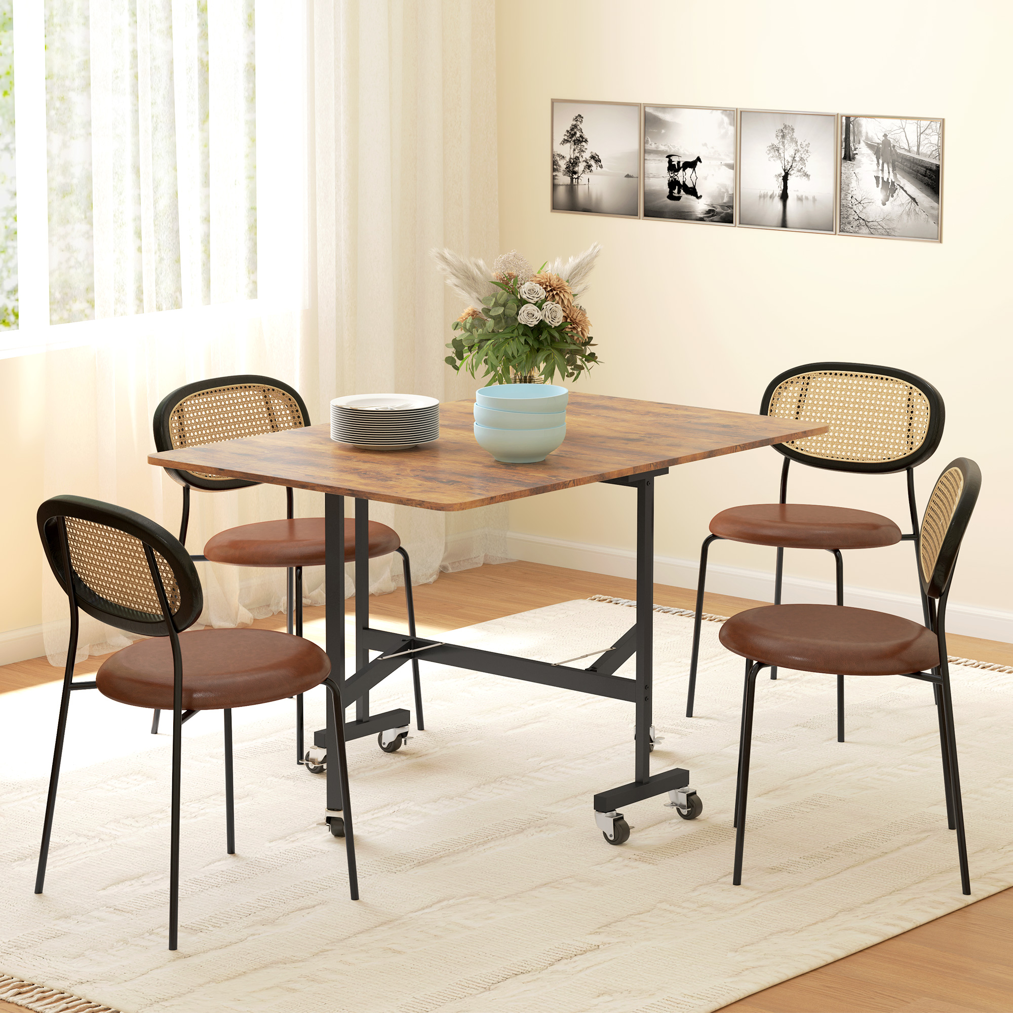 HOMCOM Six-Seater Drop-Leaf Dining Table, with Wheels Brown Wood-Effect 2