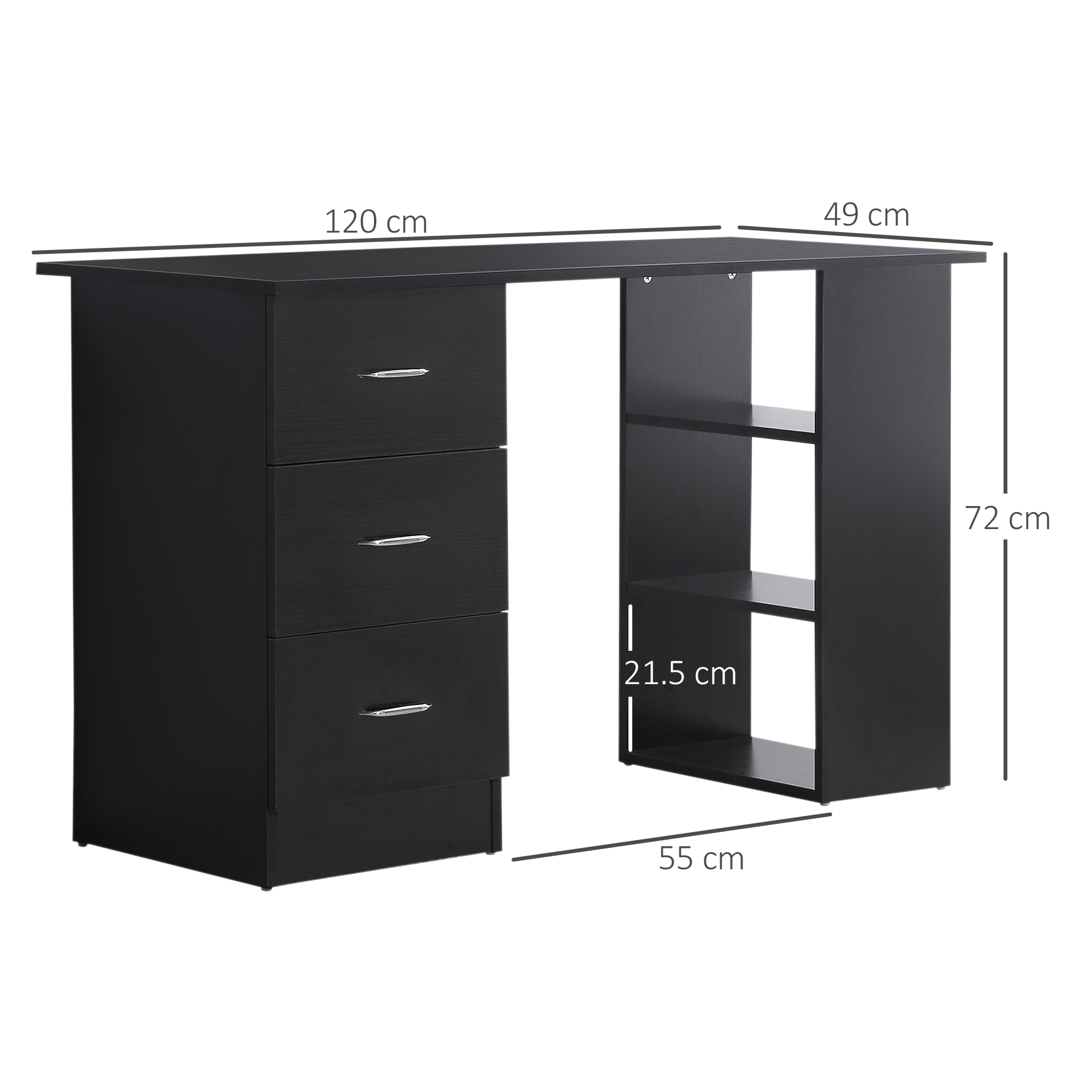 HOMCOM Computer Desk, Writing Table, PC Workstation with 3 Storage Shelves and Drawers, Silver Handle, for Home Office, Black 3