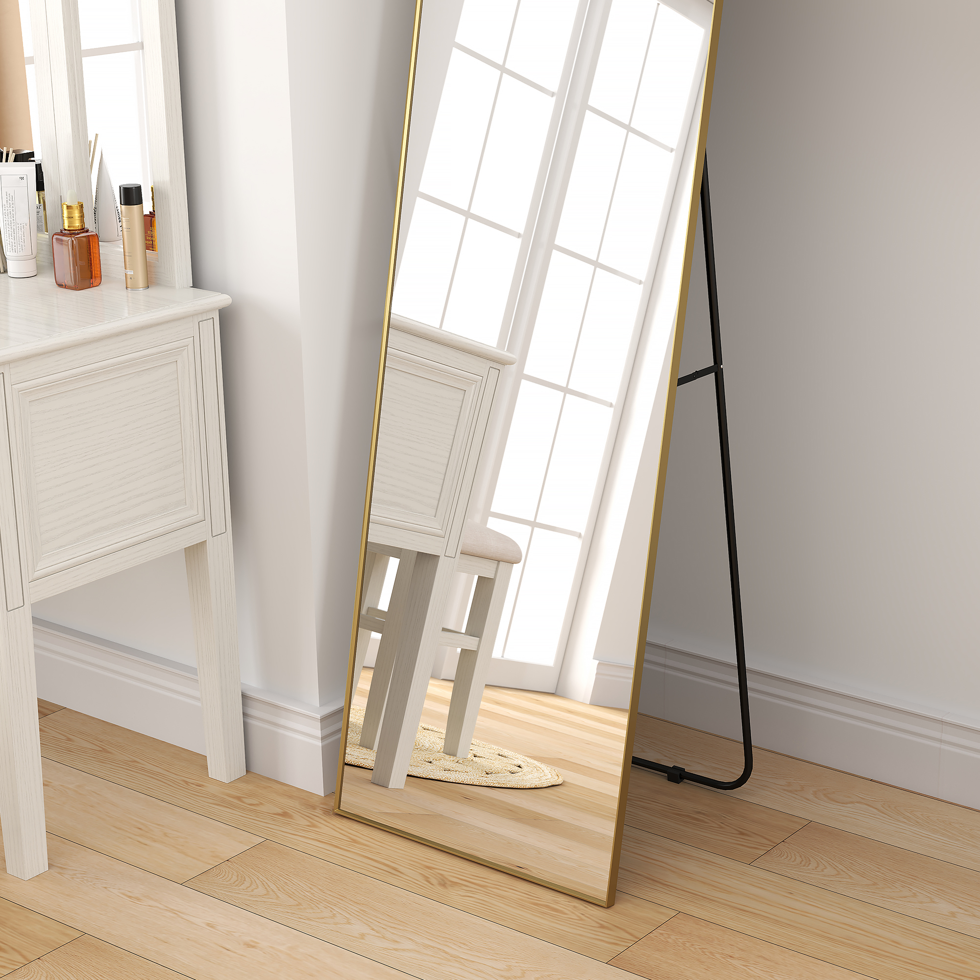 Grand Miroir Pleine Longueur Rectangulaire, 50 X 160 Cm, Miroir Sur Pied Mural Ou Poce Contre Mur Dore