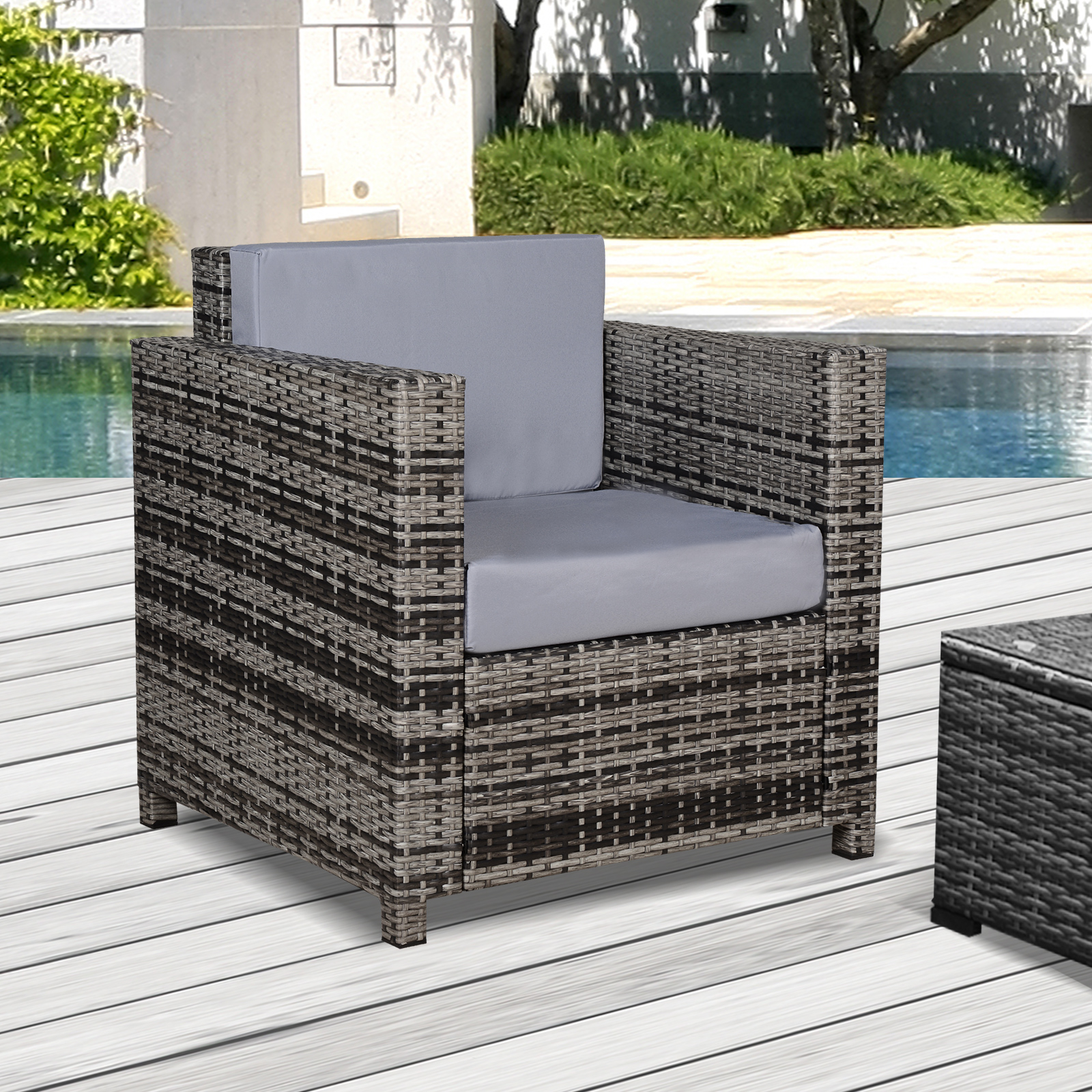 Outsunny Rattan Garden Armchair 10cm Cushion Outdoor Single Chair with Steel Frame, Grey 2