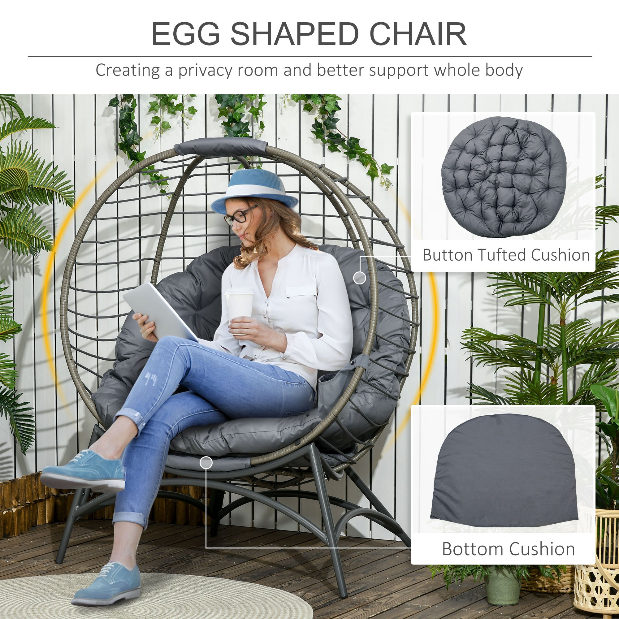 Outsunny Folding Rattan Egg Chair, Freestanding Basket Chair with Cushion, Bottle Holder Bag for Outdoor or Indoor, Grey 5