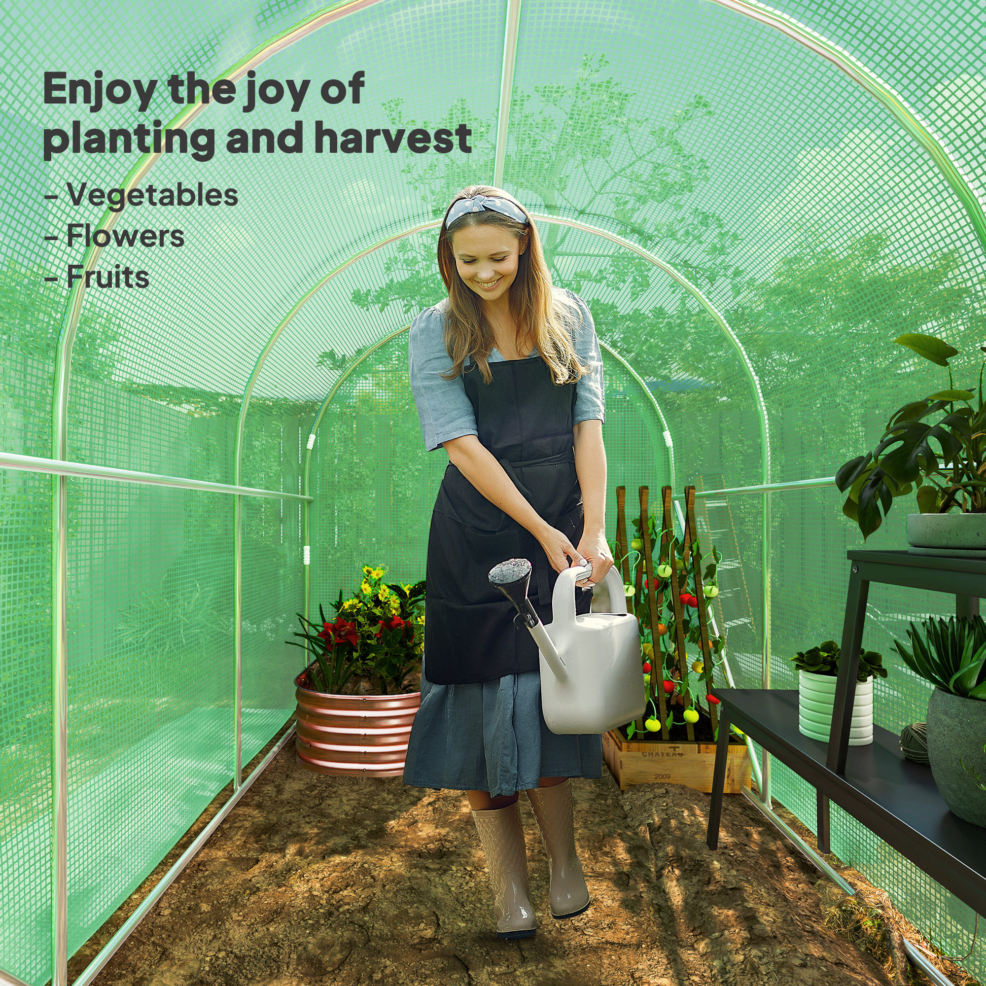 Outsunny 3 x 2 x 2m Polytunnel Greenhouse with Hinged Door, Walk-in Grow House Tent with PE Cover and Galvanised Steel Frame, Green 7