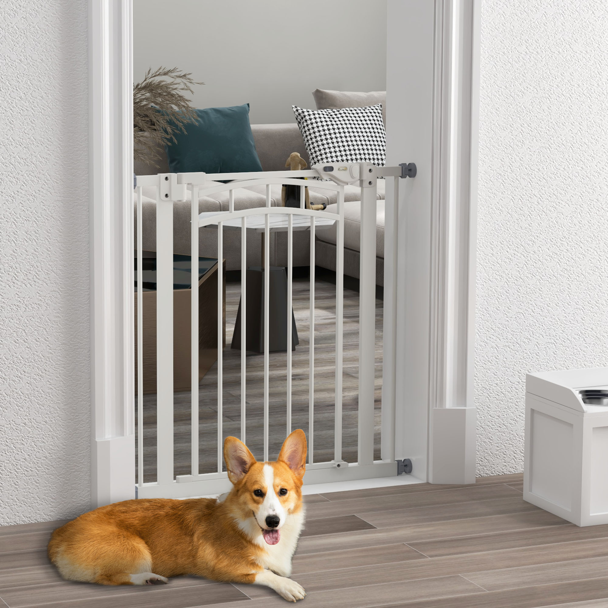 Barrière De Sécurité Chien Extensible PawHut 76-104 X 106 Cm - Double Verrouillage, Montage Pression Ou Perçage, Blanc