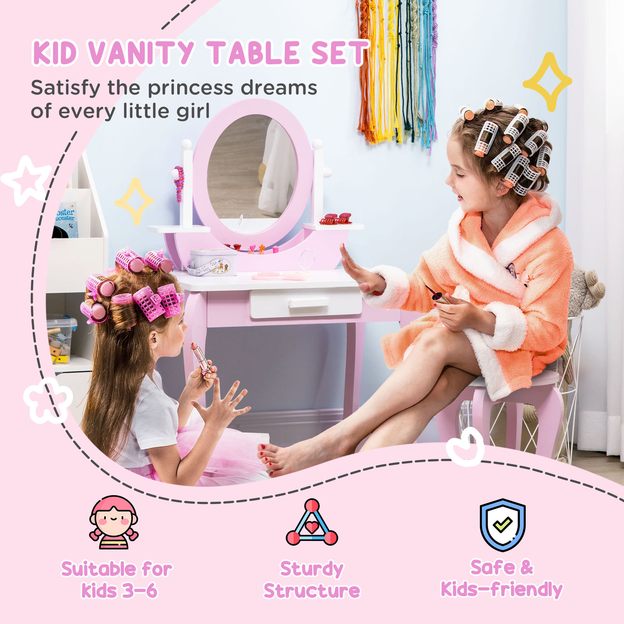 ZONEKIZ Kids Dressing Table Set, with Mirror, Stool, for Ages 3-6 Years Pink 4