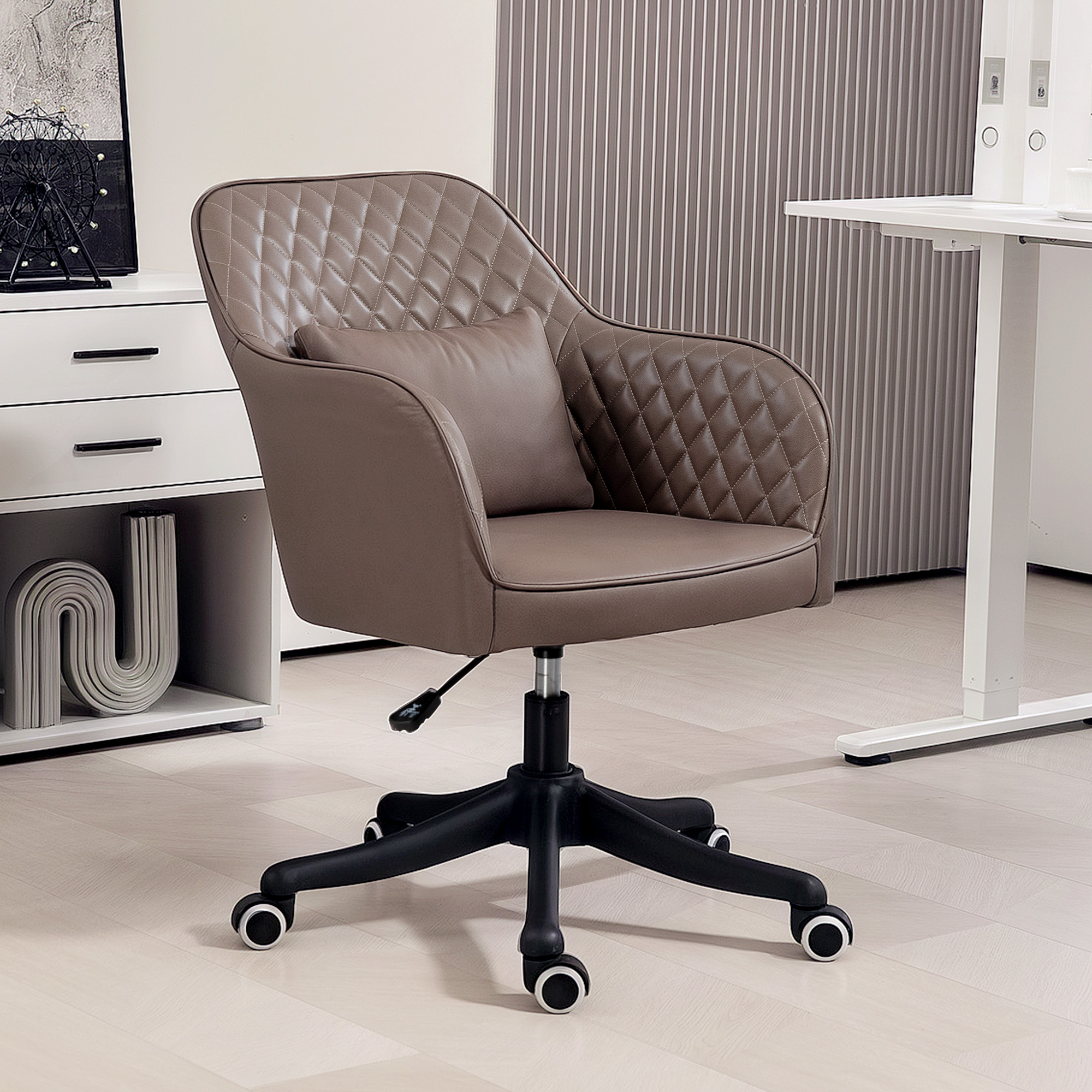 Vinsetto Microfiber Office Chair, Desk Chair, Makeup Vanity Chair with Massage Lumbar Pillow and Rolling Wheels for Bedroom and Home, Brown 2