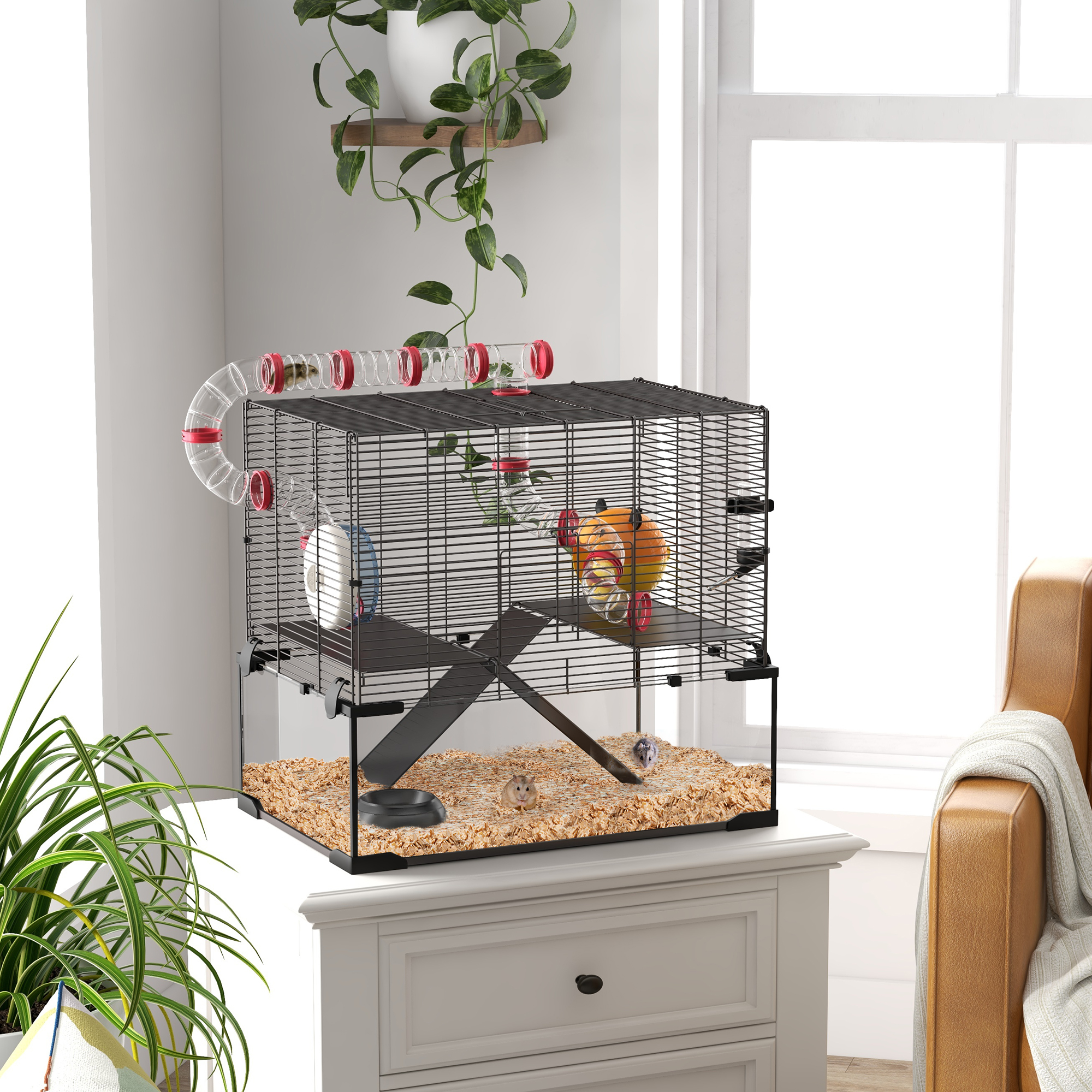 PawHut Double Deckers Guinea Pig Cage, Indoor Rabbit Hutch with Feeding Trough, Trays, Ramps, Openable Top - Grey