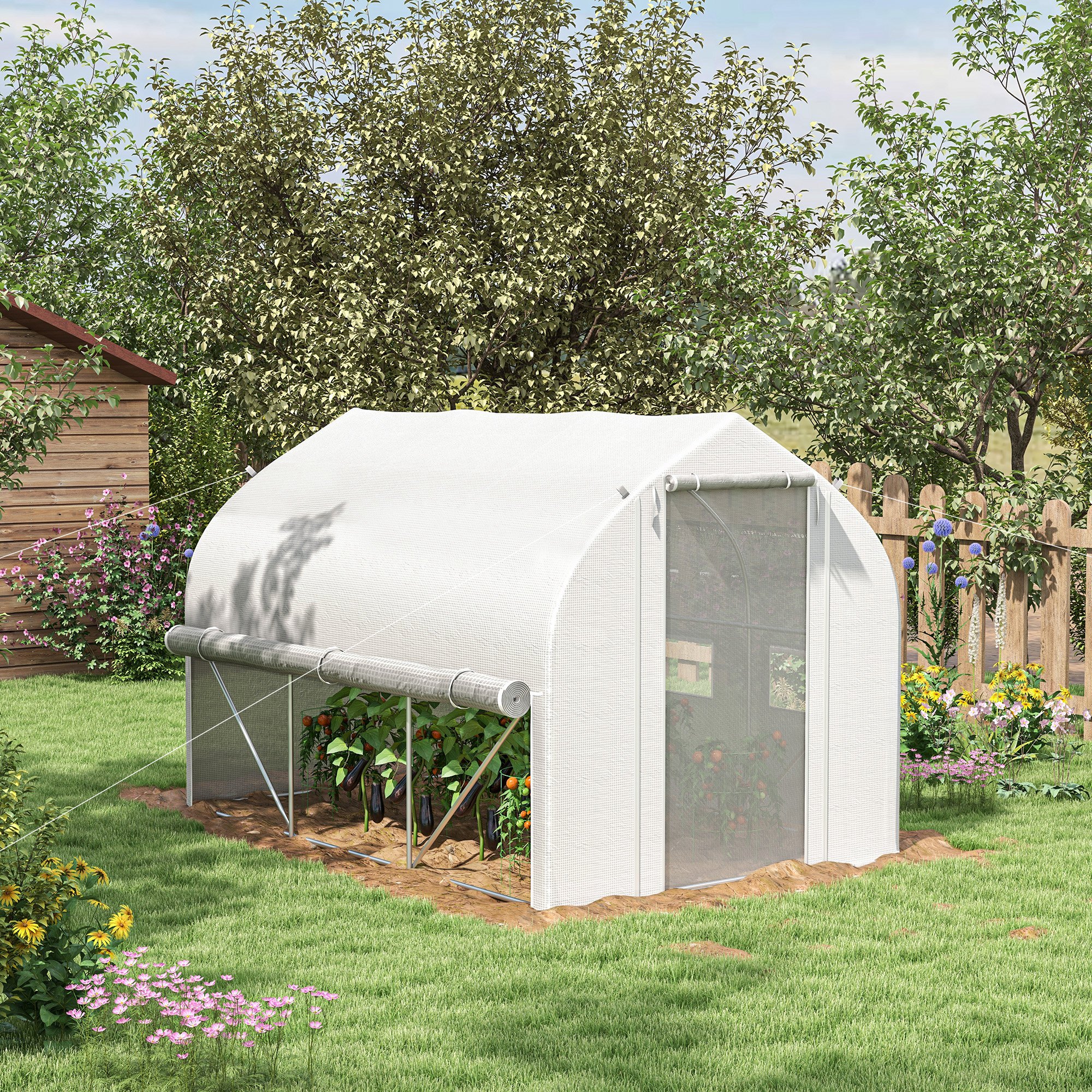 Outsunny 3 x 2(m) Walk-in Polytunnel Greenhouse, Zipped Roll Up Sidewalls, Mesh Door, 6 Mesh Windows, Tunnel Warm House Tent with PE Cover, Complimentary Plant Labels and Gloves, White 2