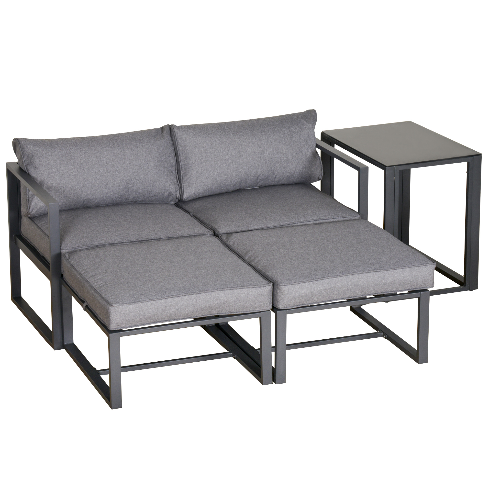 Outsunny 5 Piece Garden Aluminium Conversation Sofa Set Patio Furniture Set Outdoor 2 Sofas 2 Footstools End Table with Cushions 8