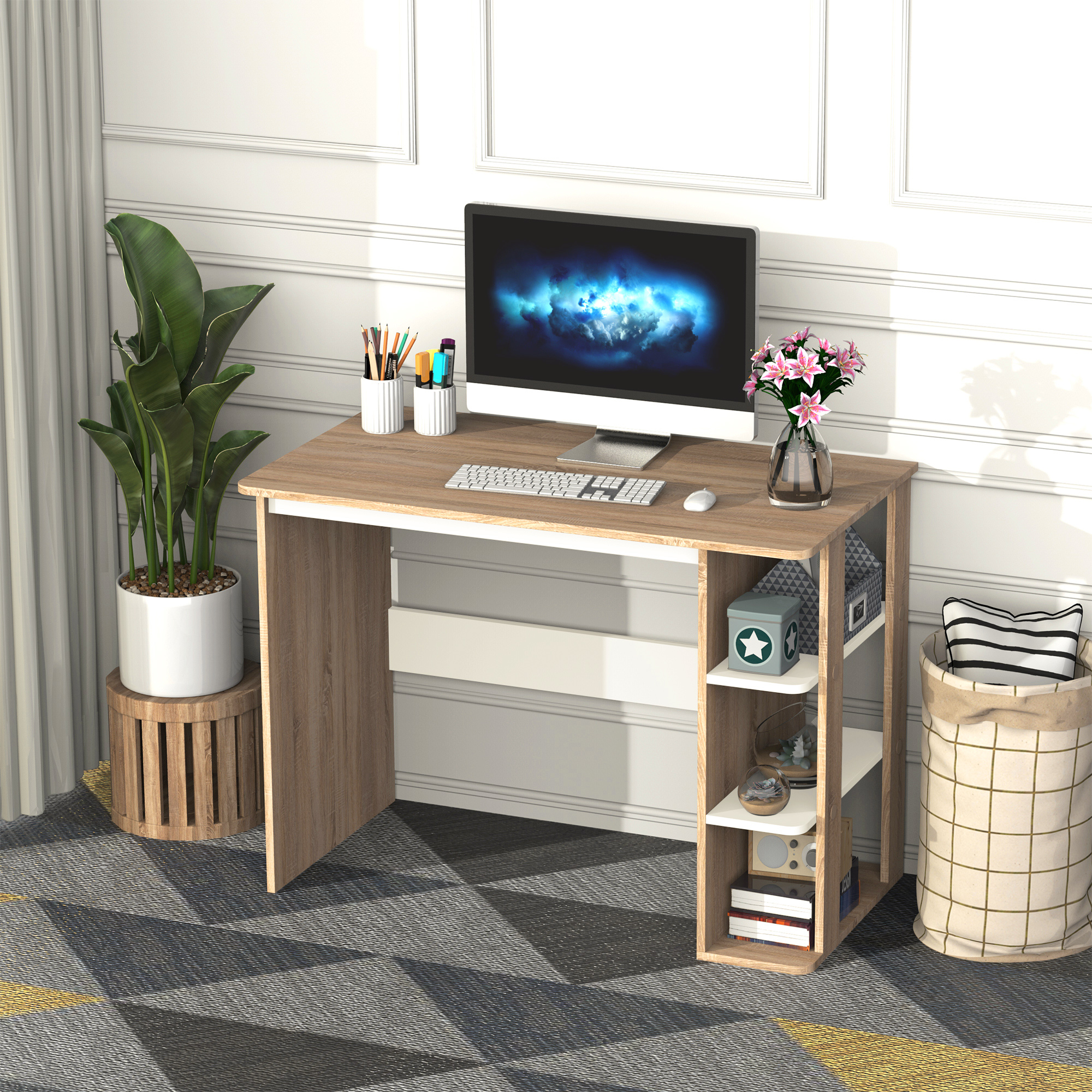 HOMCOM Computer Desk, Writing Desk with 3-Tier Storage Shelf, Work Table for Home Office, Study, Living Room, Oak and White 2