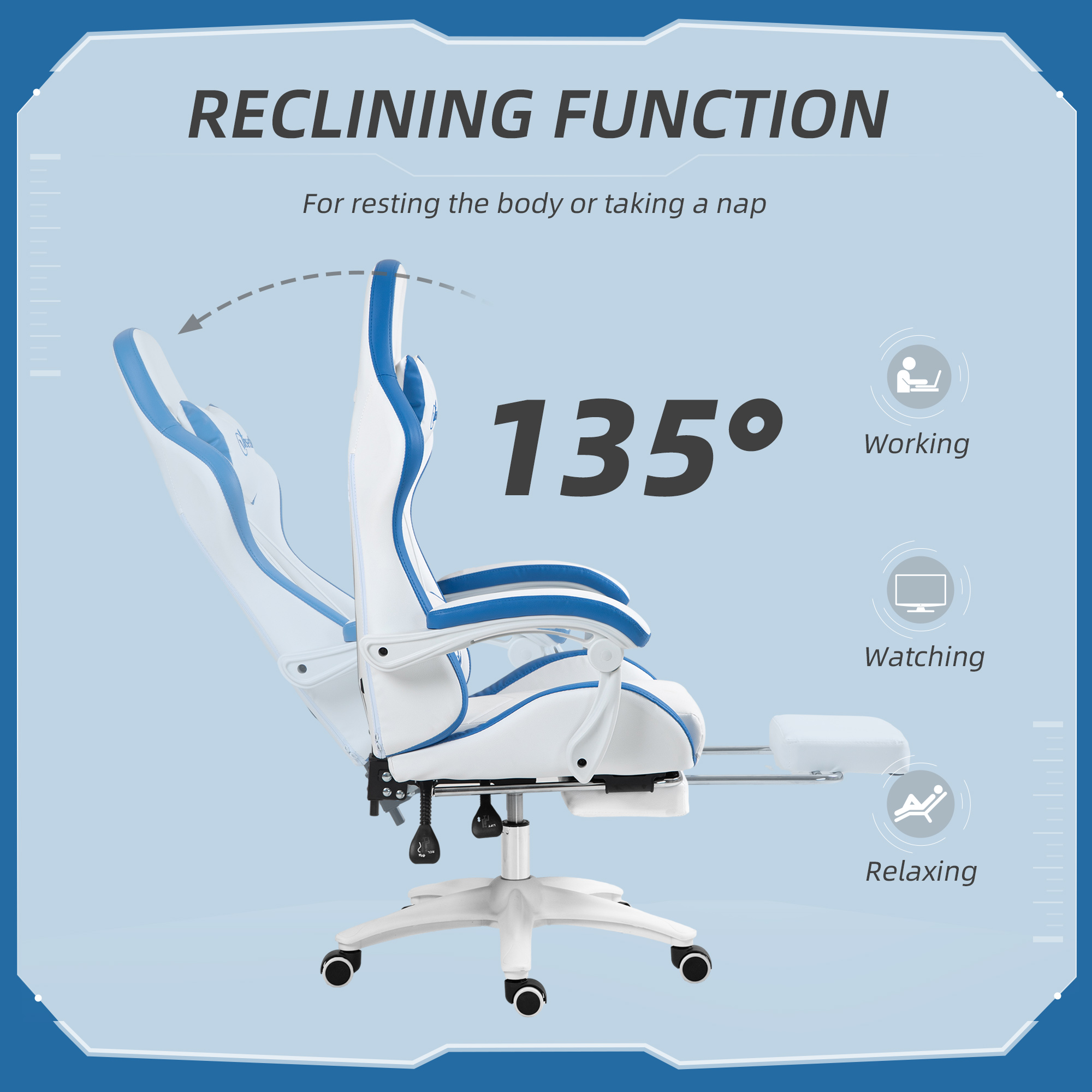 Vinsetto Computer Gaming Chair, PU Leather Office Desk Chair with Footrest, Swivel Wheels, 135° Reclining Back, Lumbar Support, Headrest for Home, White and Blue 5