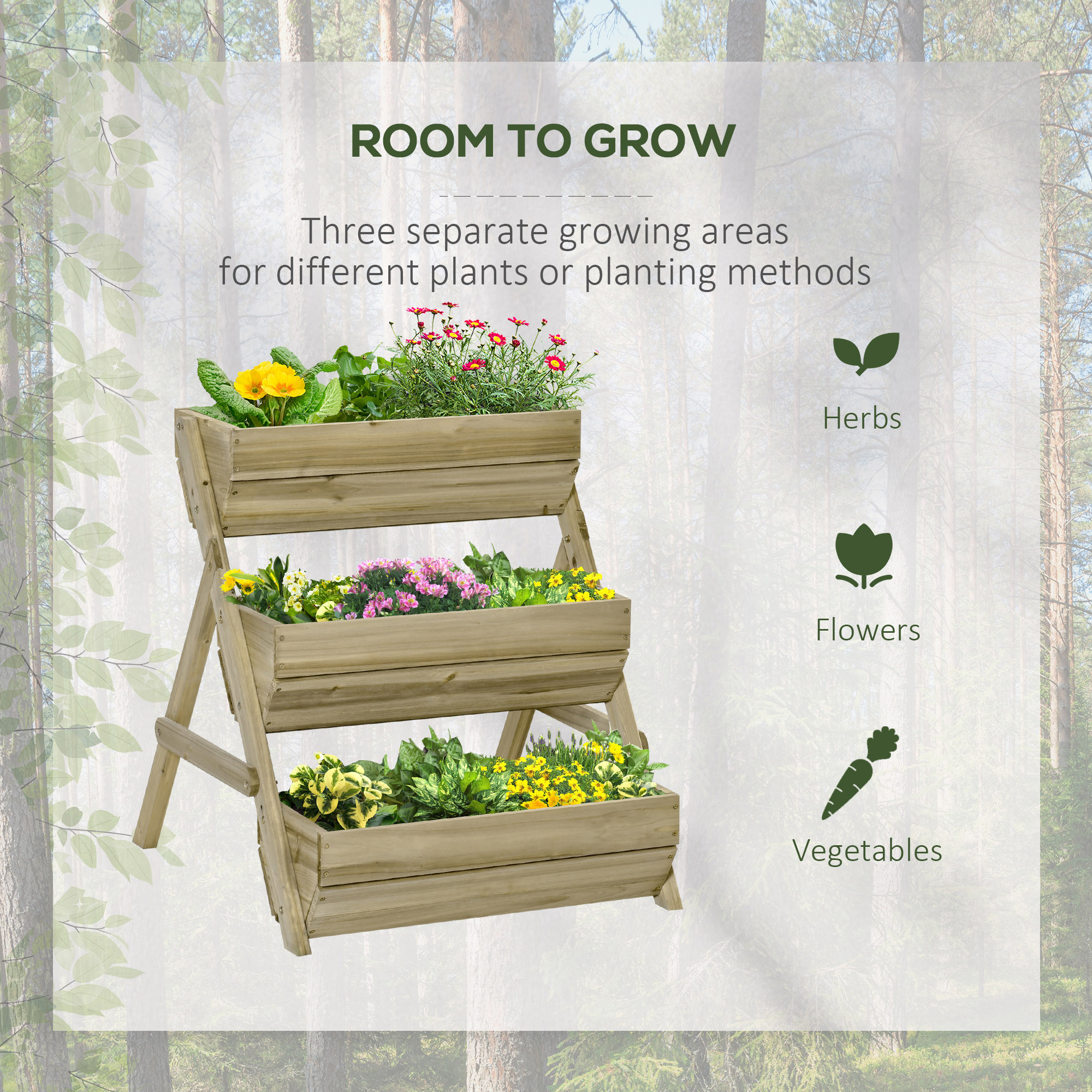 Outsunny 3 Tier Raised Garden Bed Wooden Elevated Planter Box Kit, 66L for Flower, Vegetable, Herb, 65x75x78cm, Green 4