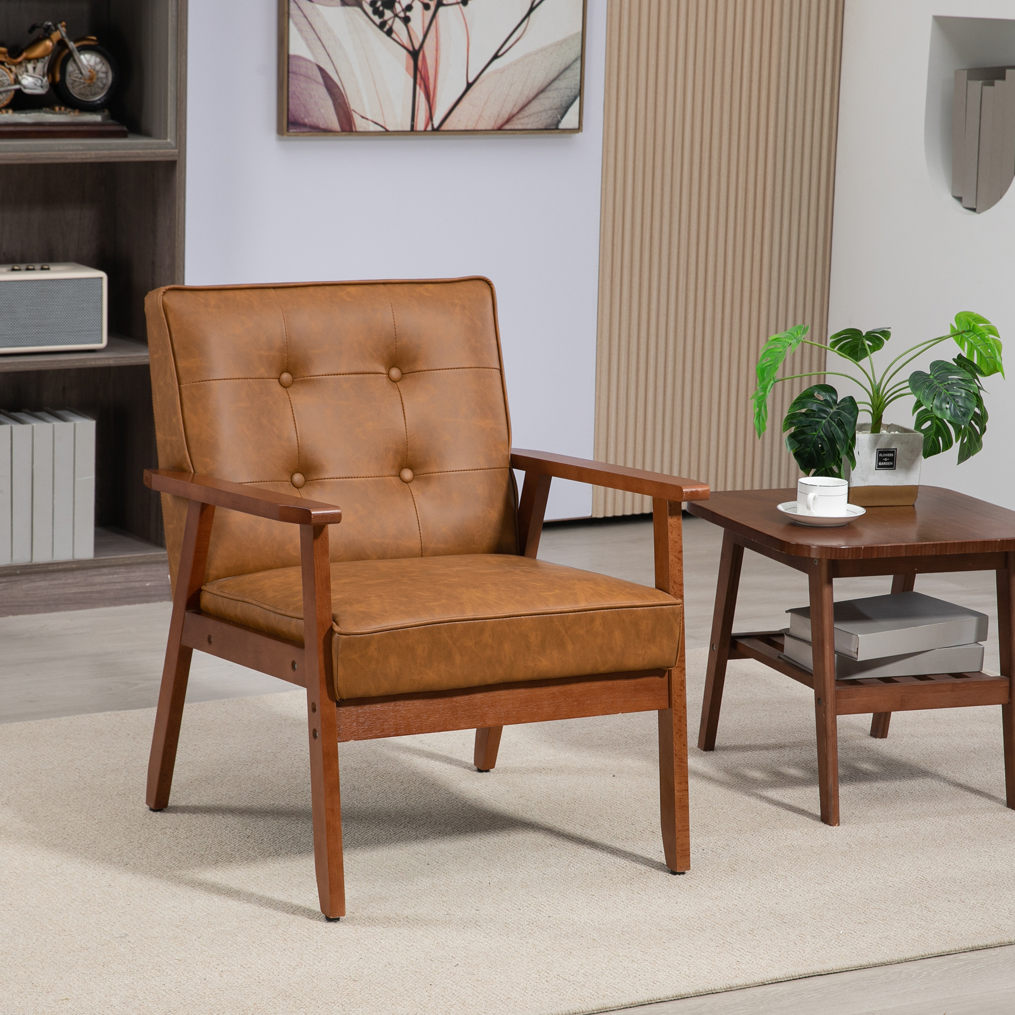 HOMCOM Retro-Style Accent Chair, with Faux Leather Seat Brown 2