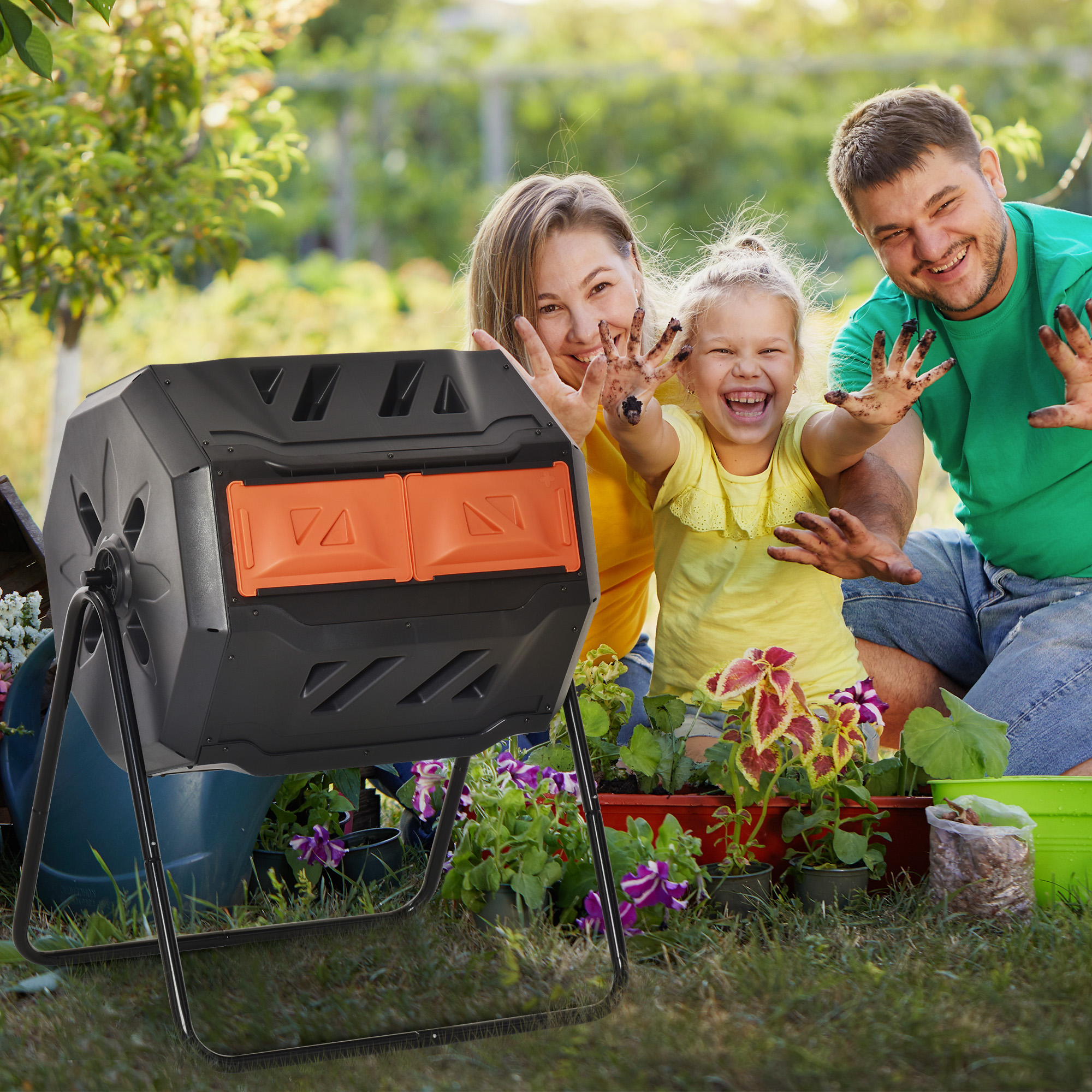 Outsunny 160L 360° Rotating Dual Chamber Composter Orange 2