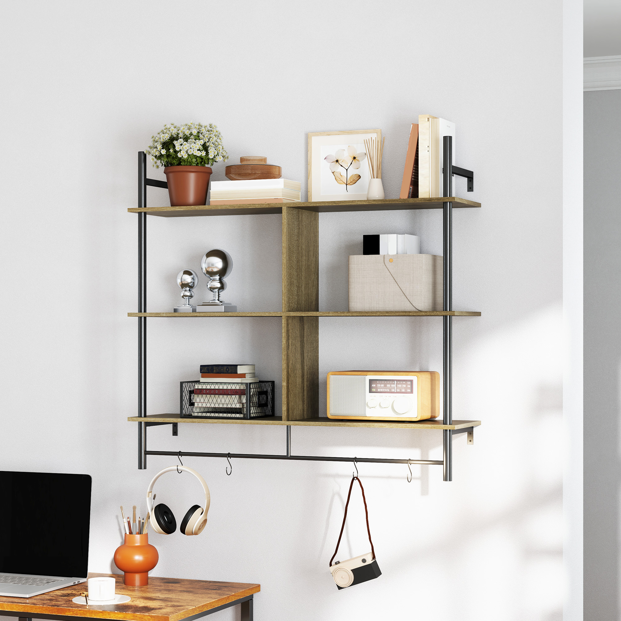 HOMCOM Three-Tier Floating Shelf Grey Wood Effect 7