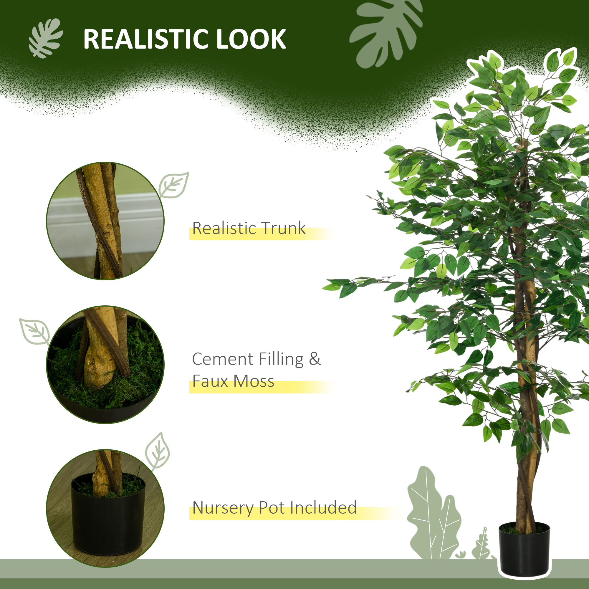 HOMCOM Artificial Ficus Tree, with Weighted Plant Pot Green 4