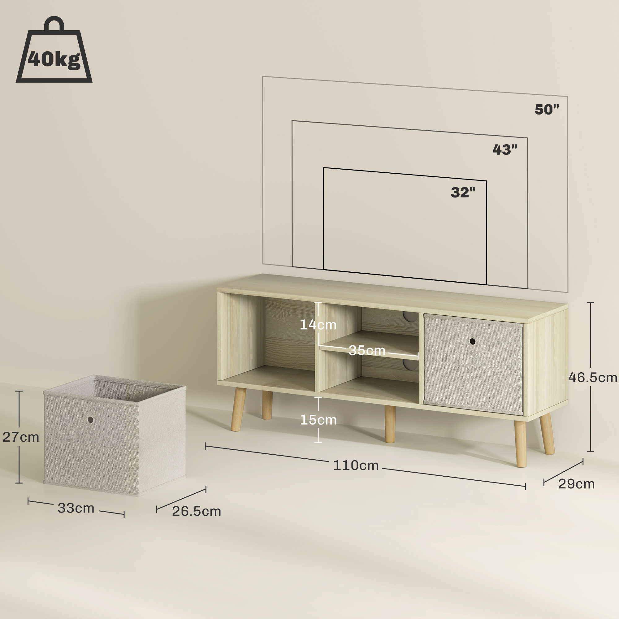 HOMCOM TV Cabinet Stand Unit for TVs up to 50'' with Foldable Drawers, Entertainment Centre for Living Room Natural 3