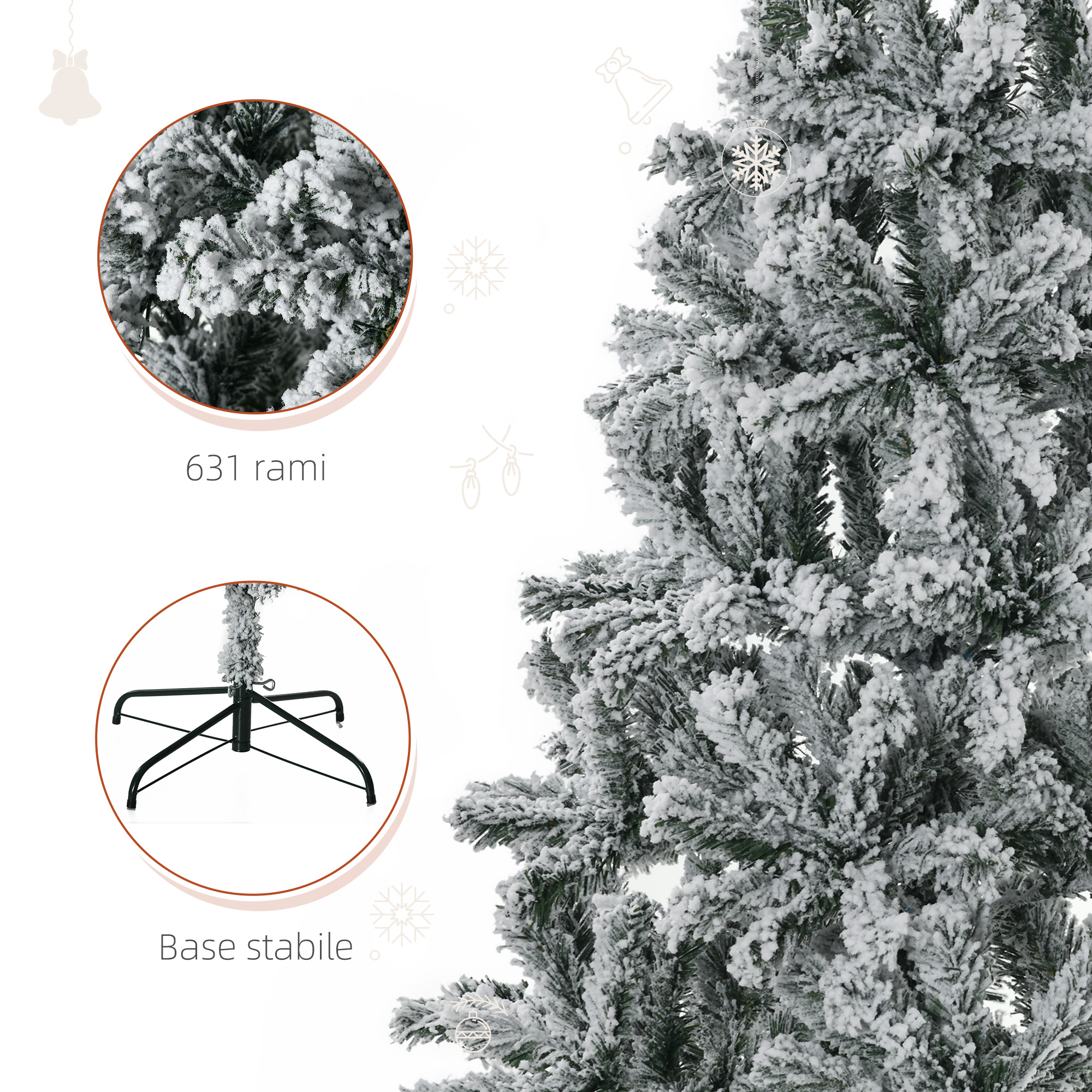 HOMCOM Albero Di Natale Artificiale In Pino Con Neve Bianca, 180 Cm, 774 Punte Di Rami, Base In Acciaio, Decorazioni Con Pigne, Ignifugo, Verde