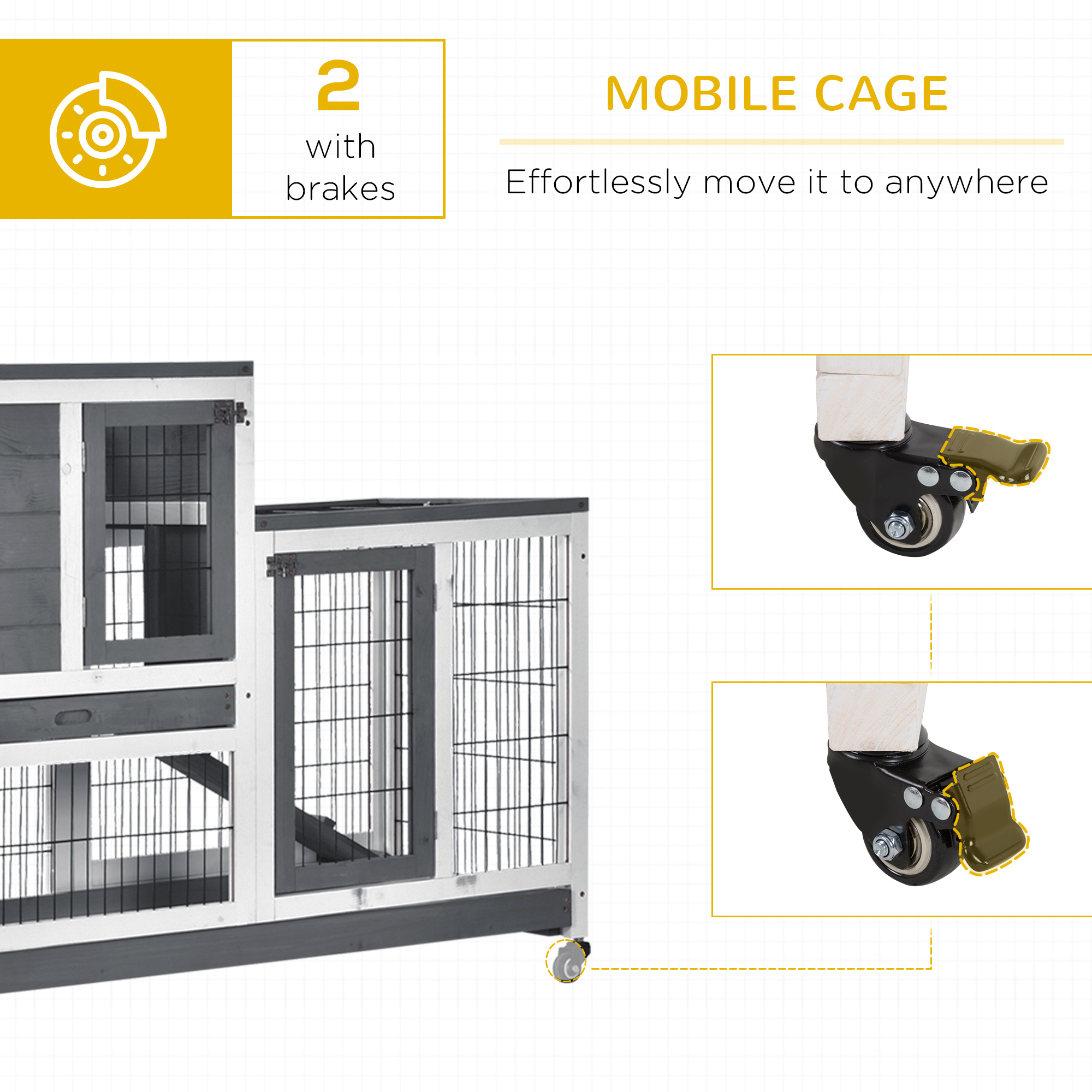 PawHut Wooden Indoor Rabbit Hutch Guinea Pig House Bunny Small Animal Cage W/ Wheels Enclosed Run 110 x 50 x 88 cm, Grey 7