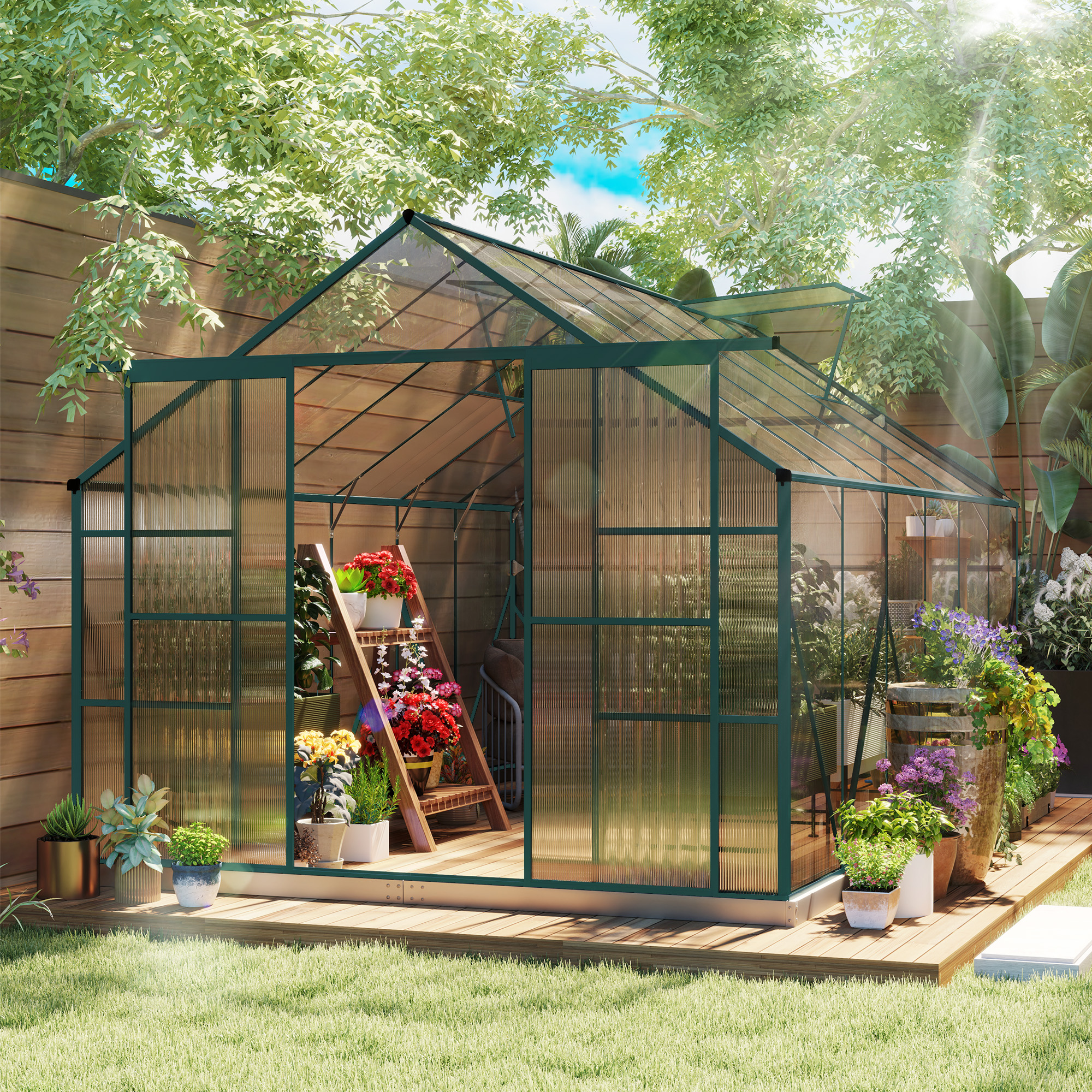 Outsunny 8 x 12ft Aluminium Greenhouse Polycarbonate Walk-in Garden Greenhouse Kit with Adjustable Roof Vent, Double Sliding Door, Rain Gutter and Foundation, Clear 2