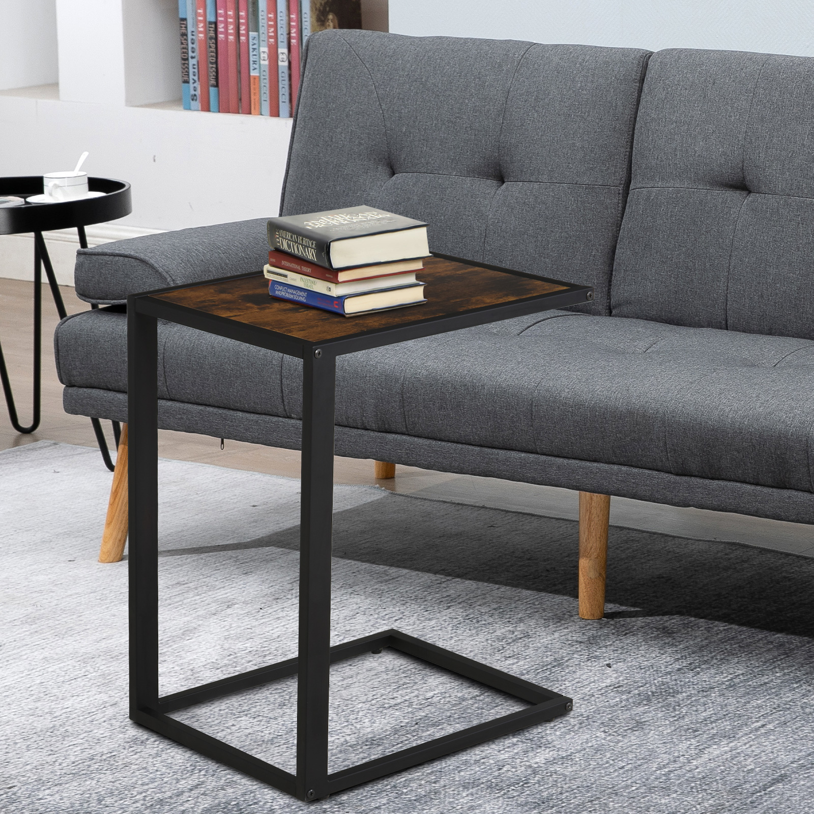 HOMCOM C-Shaped Side Table, Bedside Table with Metal Frame, Accent Sofa Couch Table for Living room, Bedroom, Brown and Black 7