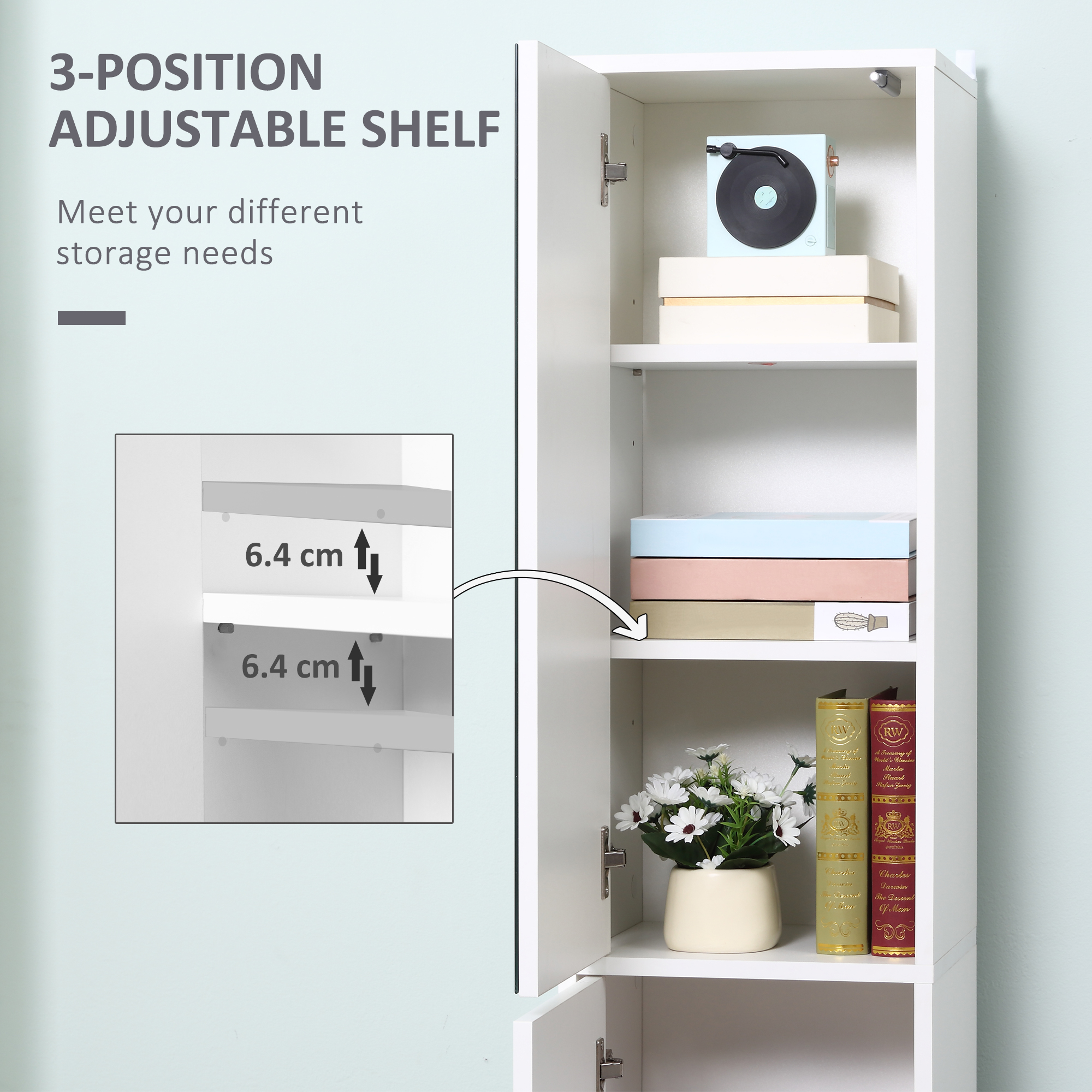 kleankin Tall Bathroom Cabinet with Mirror and Adjustable Shelf White 6