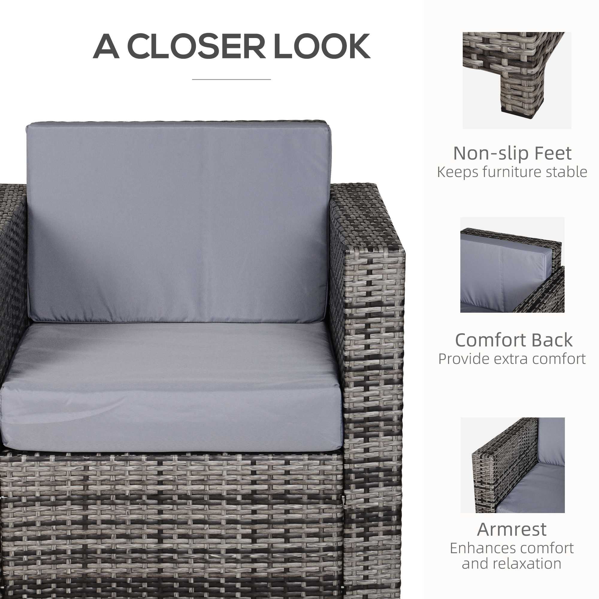 Outsunny Rattan Garden Armchair 10cm Cushion Outdoor Single Chair with Steel Frame, Grey 6