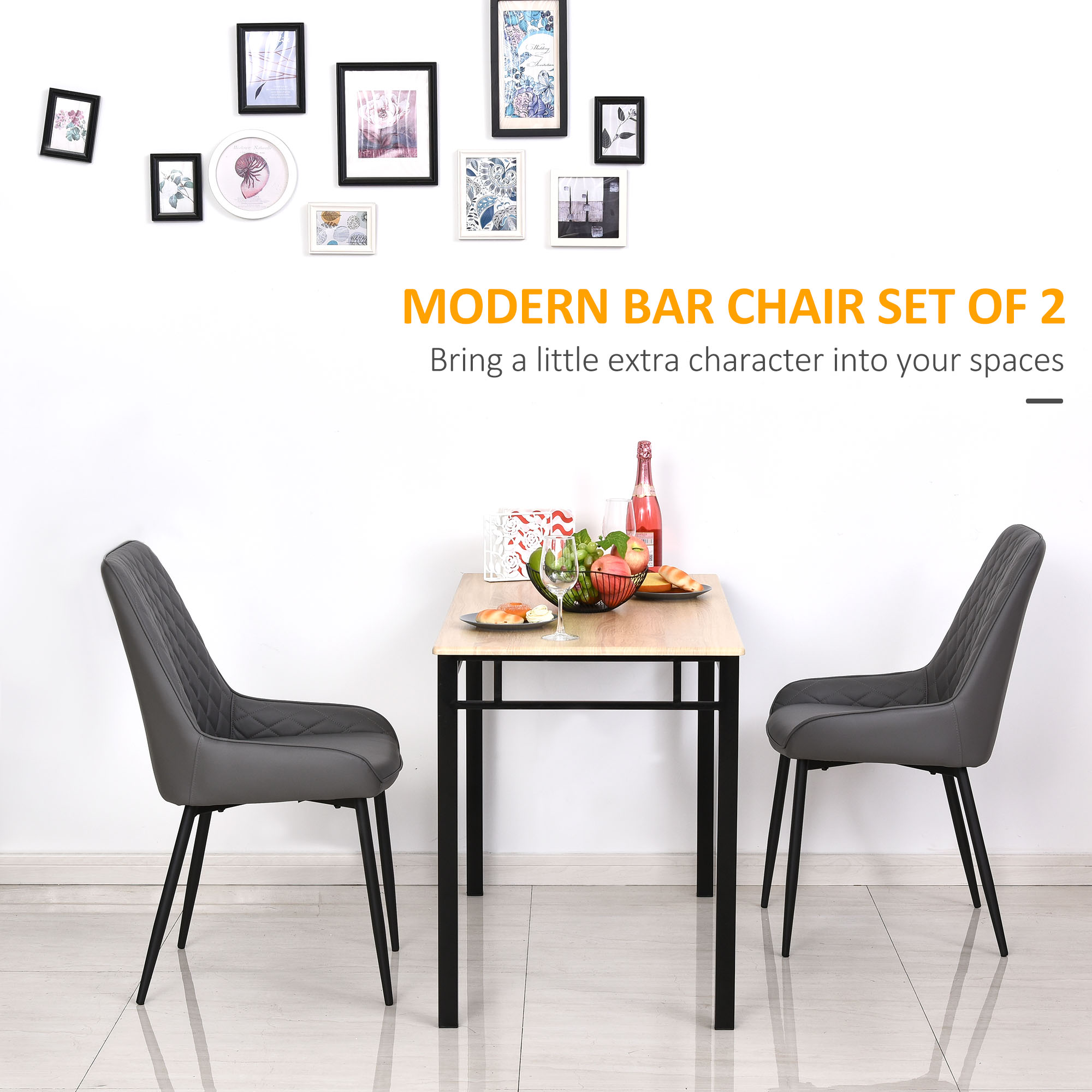 HOMCOM Set Of 2 Quilted PU Leather Dining Chairs with Metal Frame 4 Legs Foot Caps Home Seating Modern Stylish Executive Grey 5