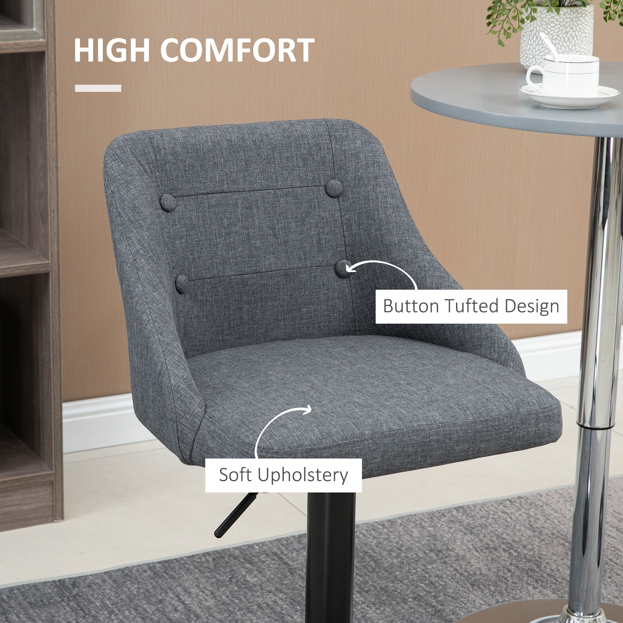 HOMCOM Modern Adjustable Bar Stools Set of 2, Swivel Fabric Barstools with Footrest, Armrests and Back, for Kitchen Counter and Dining Room, Dark Grey 6