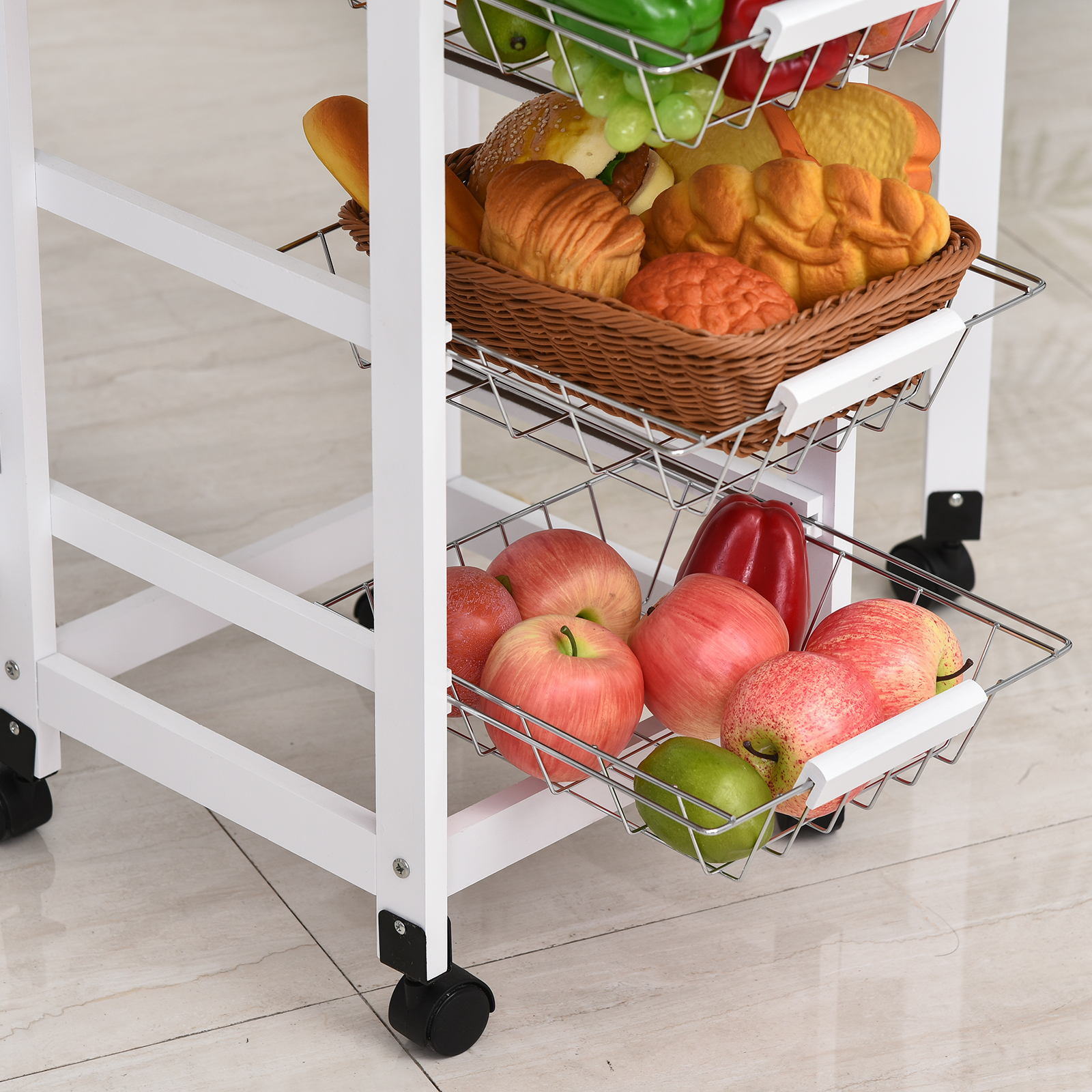 HOMCOM Drop-Leaf Kitchen Trolley w/ 3 Baskets Drawer Surface Top 6 ...