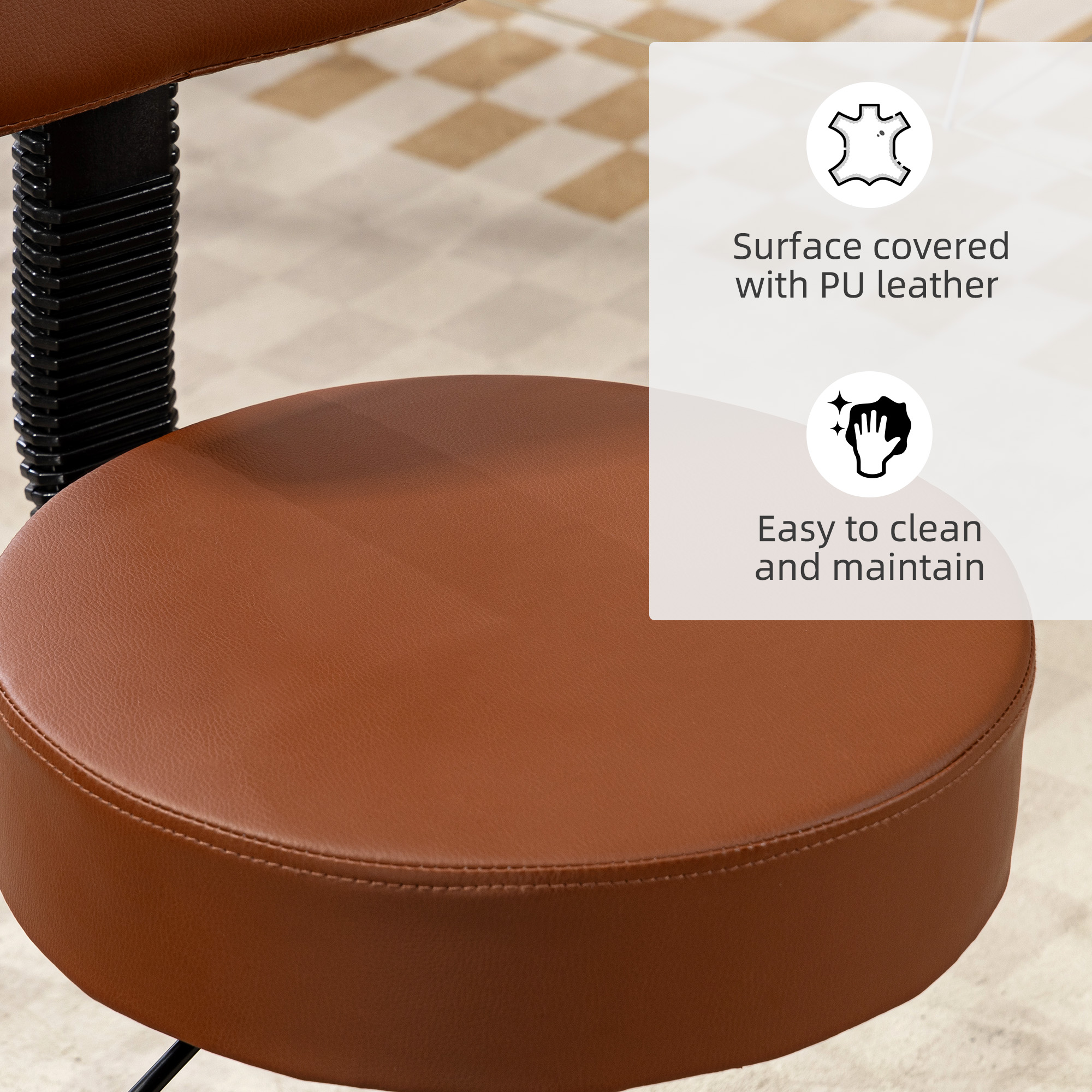 HOMCOM Beautician's Swivel Salon Chair w/ Padded Seat Back 5 Wheels Adjustable Height Salon Hairdressers Tattoo Spa Rolling Cushion Professional 48cm Brown 4