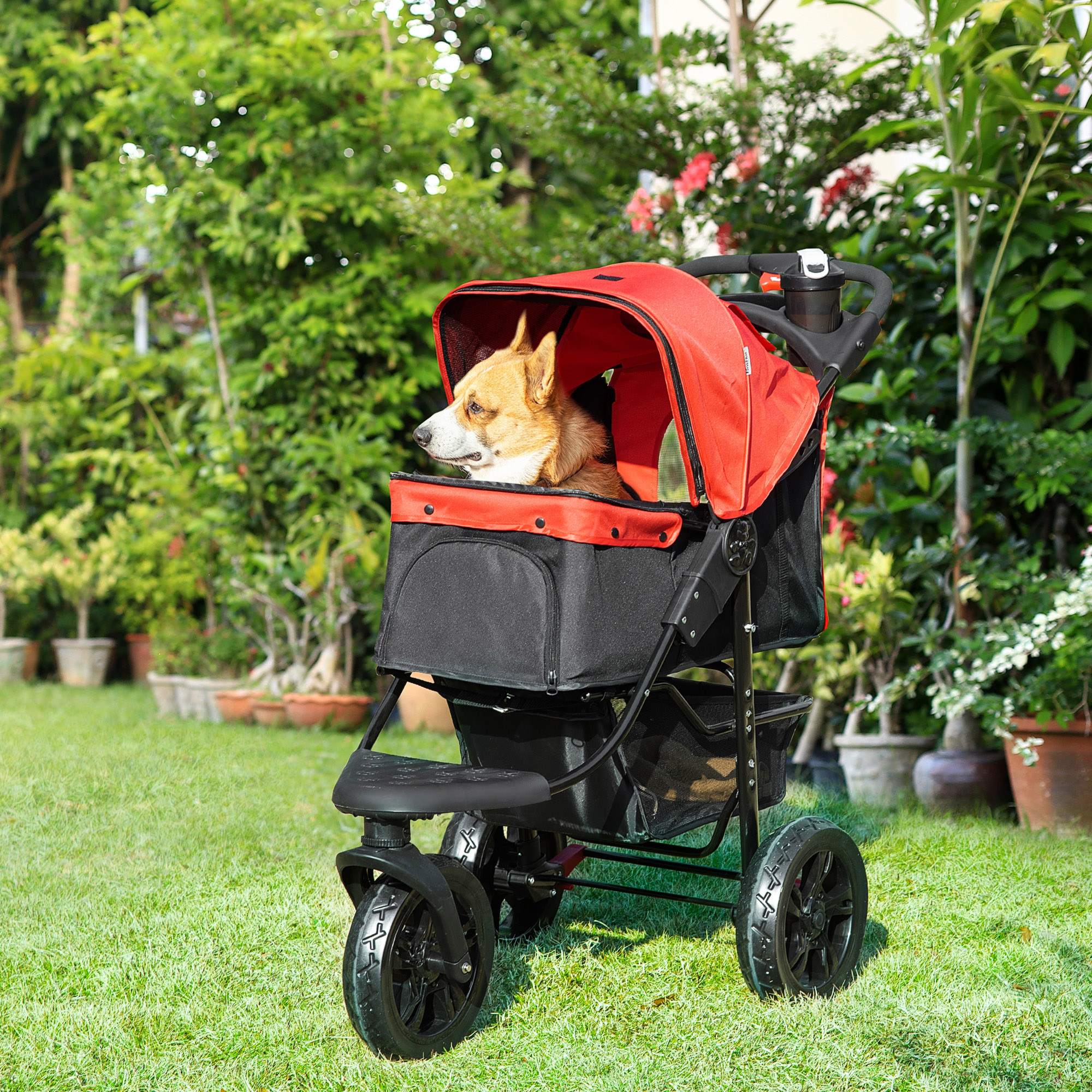 PawHut Dog Stroller Foldable Pet Pram, 3 Wheels Dog Pushchair with Brake, for Small Miniature Breeds, Cats, Red 2