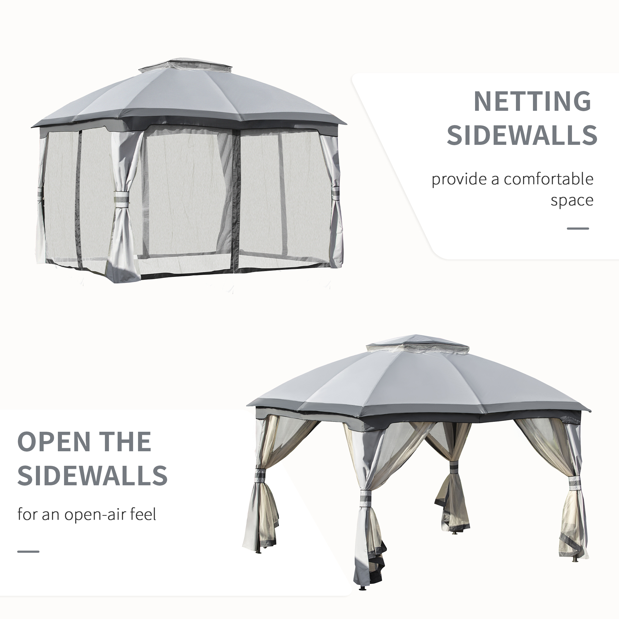 Outsunny 3.7 x 3(m) Metal Gazebo Canopy Party Tent Garden Patio Shelter with Netting Sidewalls & Double Tiered Roof, Grey 5