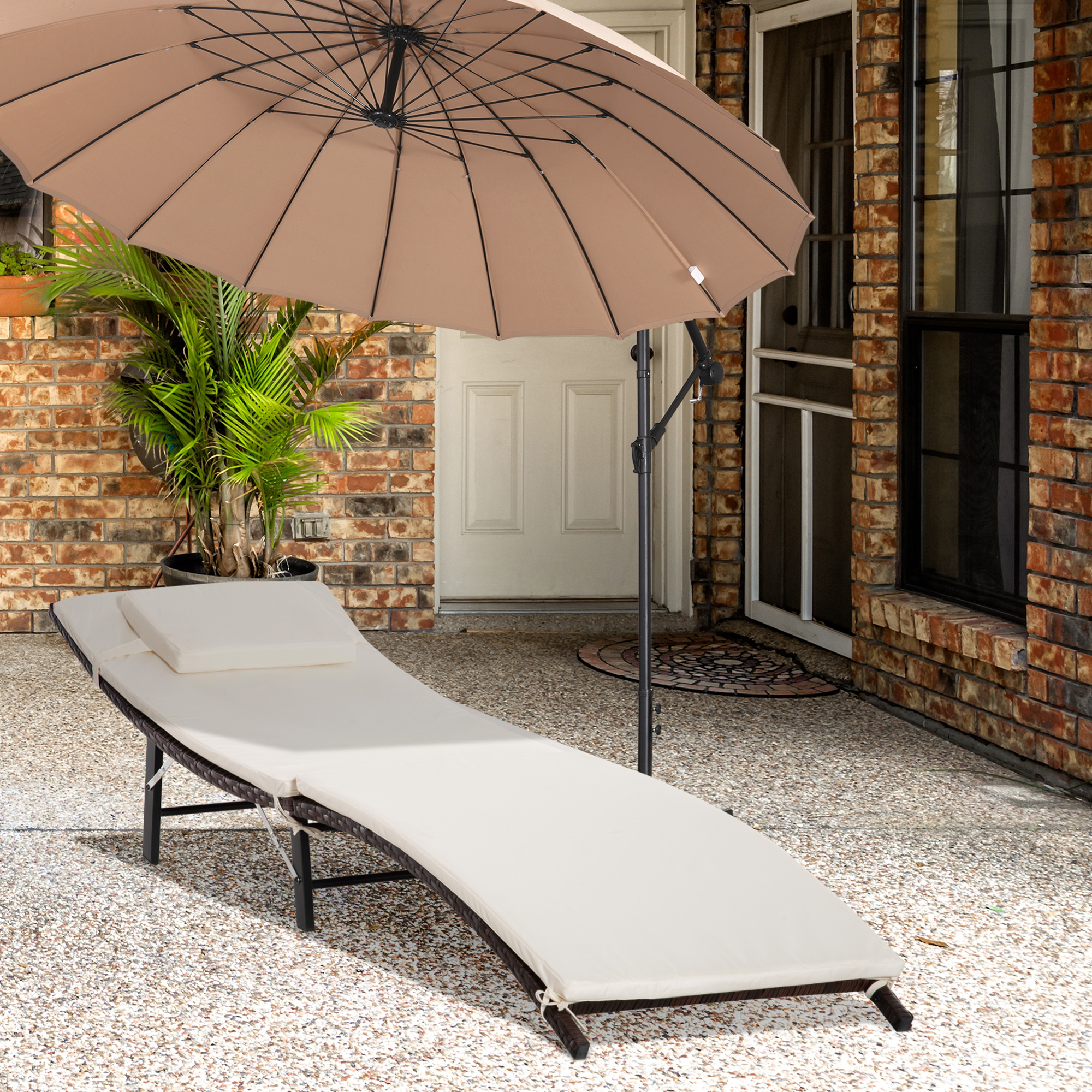 Outsunny Rattan Folding Sun Lounger Outdoor Chair with Cushion and Pillow Cream White 2
