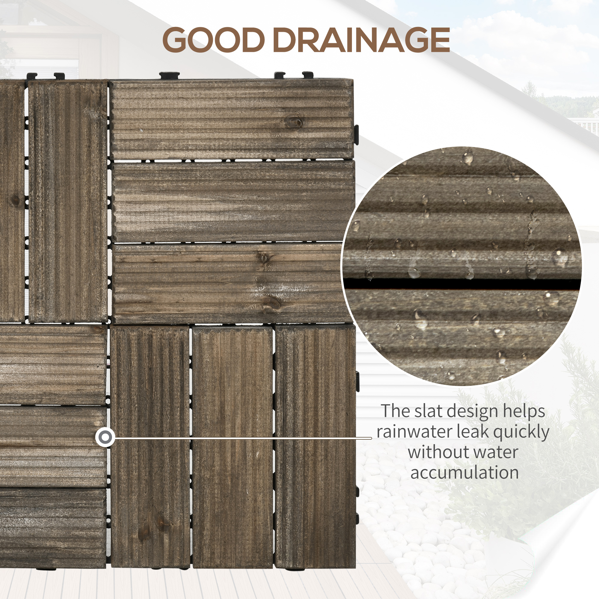 Outsunny 27 Pcs Wooden Interlocking Decking Tiles, Outdoor Flooring Tiles for Patio, Balcony, Terrace, Hot Tub, 30 x 30 cm per Piece, 2.5㎡ per Pack, Charcoal Grey 5